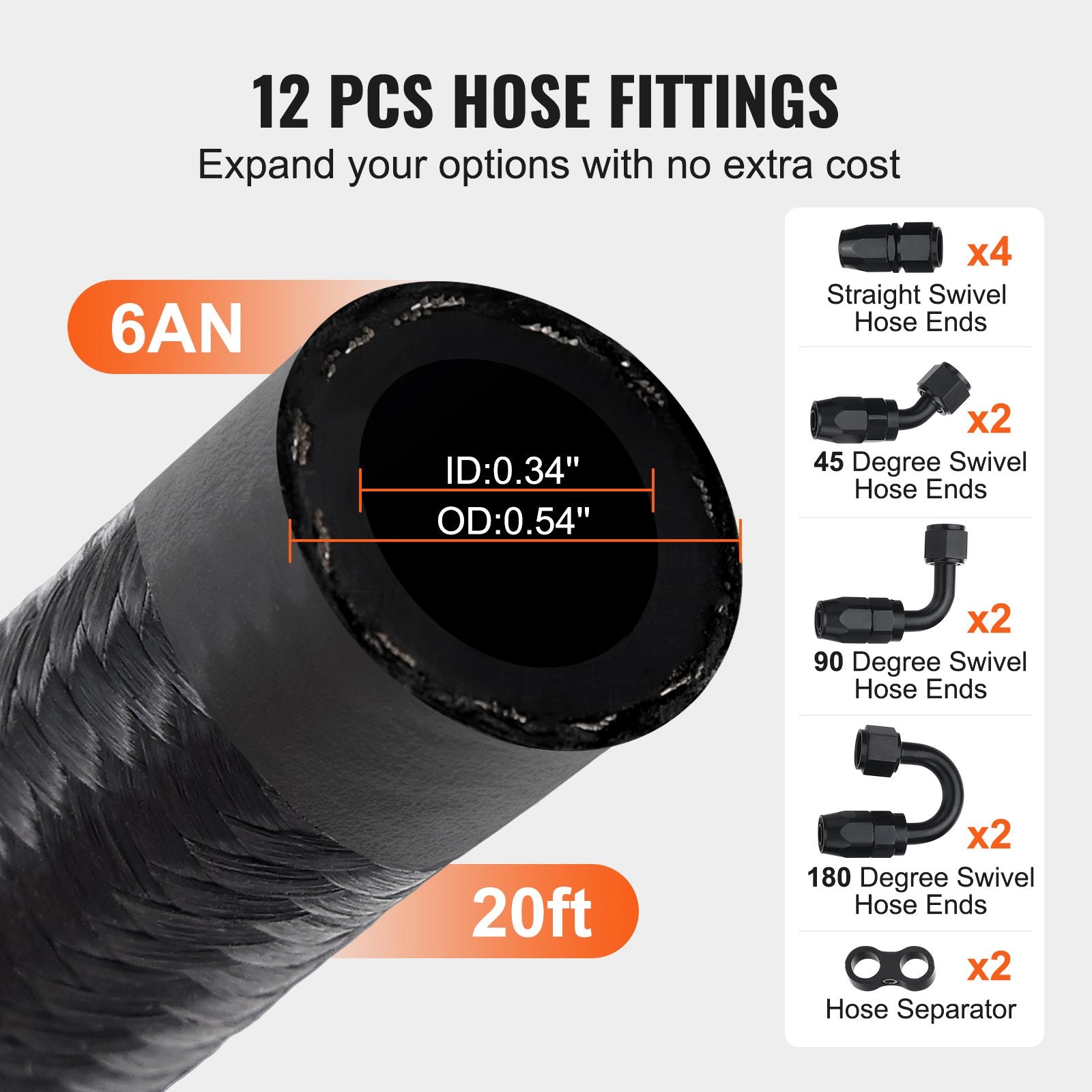 6AN Fuel Line Kit, 6.1 m Fuel Hose Kit, 0.86 cm Nylon Stainless Steel Braided Fuel Line Oil/Gas/Diesel Hose End Fitting Kit, with 12 PCS Swivel Fitting Adapter Kit, Black - Image 5