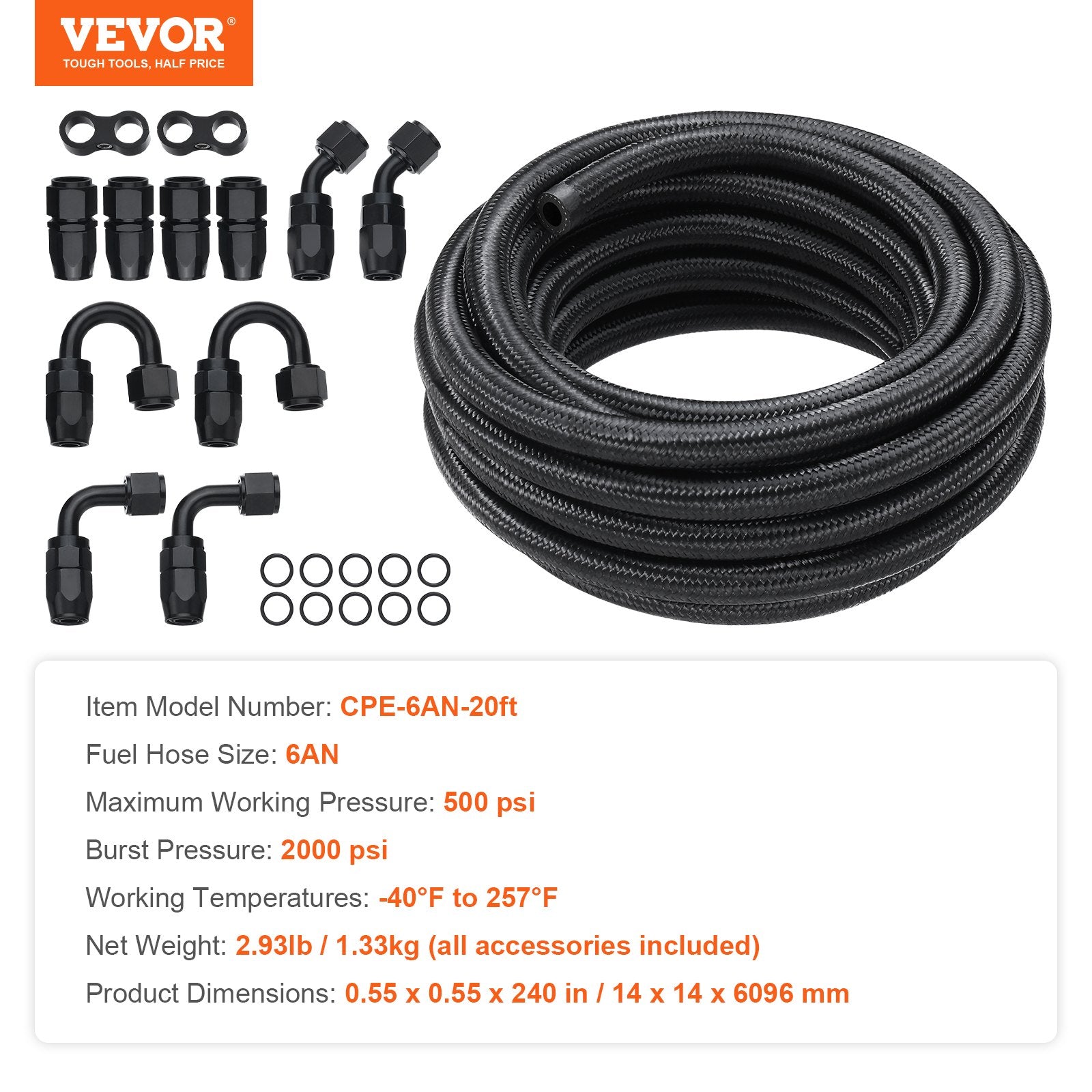 6AN Fuel Line Kit, 6.1 m Fuel Hose Kit, 0.86 cm Nylon Stainless Steel Braided Fuel Line Oil/Gas/Diesel Hose End Fitting Kit, with 12 PCS Swivel Fitting Adapter Kit, Black - Image 7