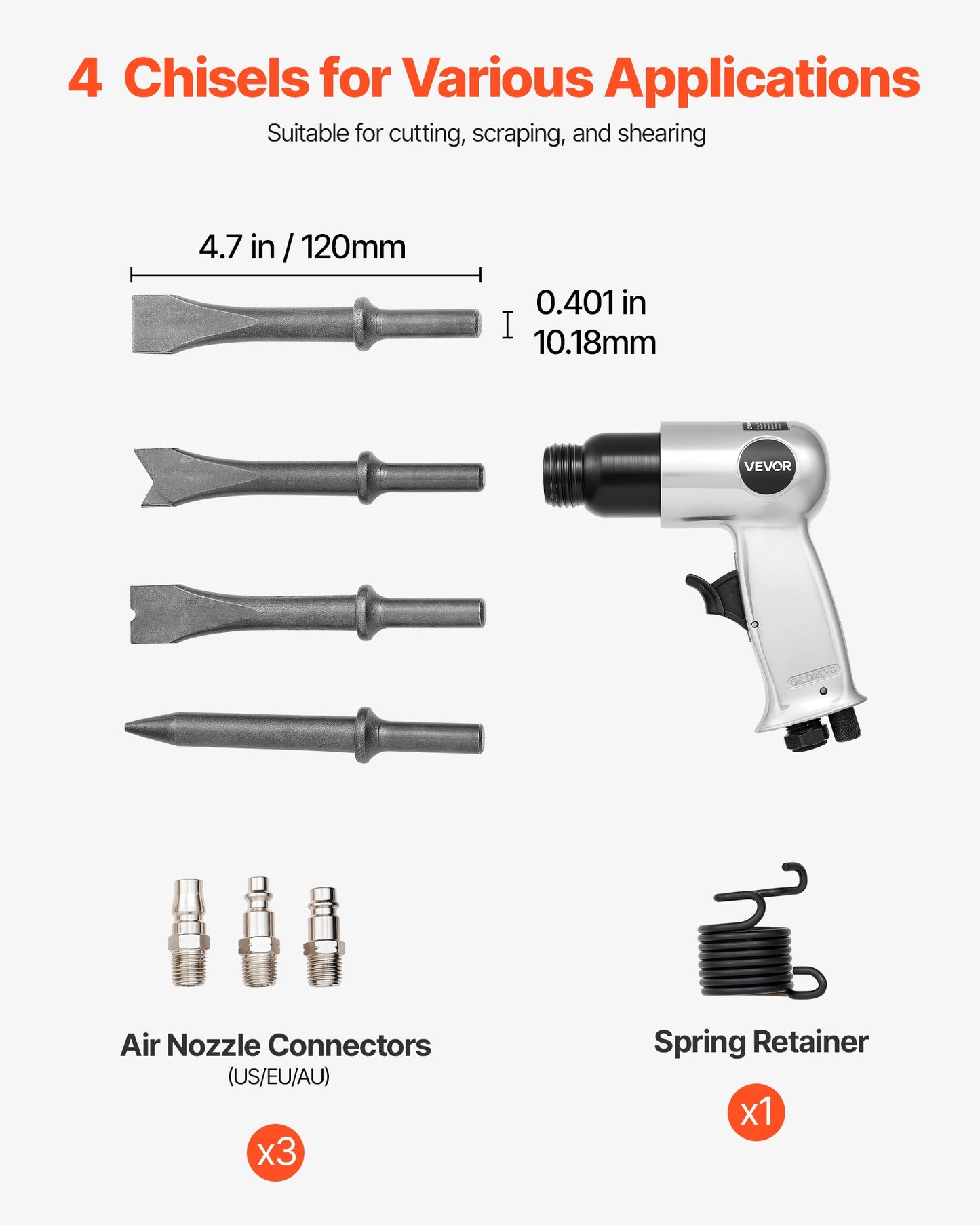 Air Hammer, 4500BPM Pneumatic Hammer with 40mm Stroke & 4PCS Chisels Round Shank, Lightweight & Compact Air Chisel Pneumatic Shovel Tool for Cutting Punching Scraping - Image 4