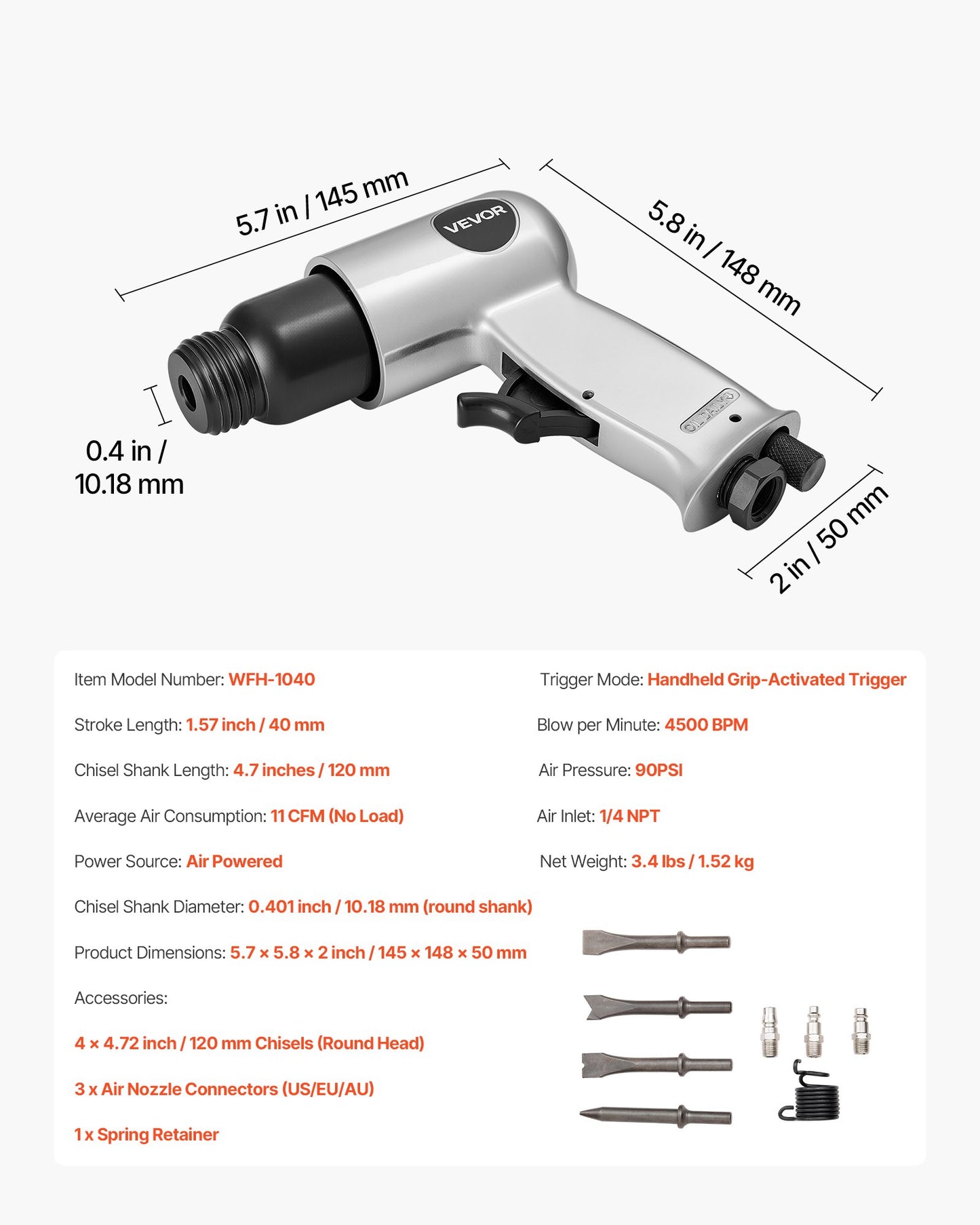 Air Hammer, 4500BPM Pneumatic Hammer with 40mm Stroke & 4PCS Chisels Round Shank, Lightweight & Compact Air Chisel Pneumatic Shovel Tool for Cutting Punching Scraping - Image 7