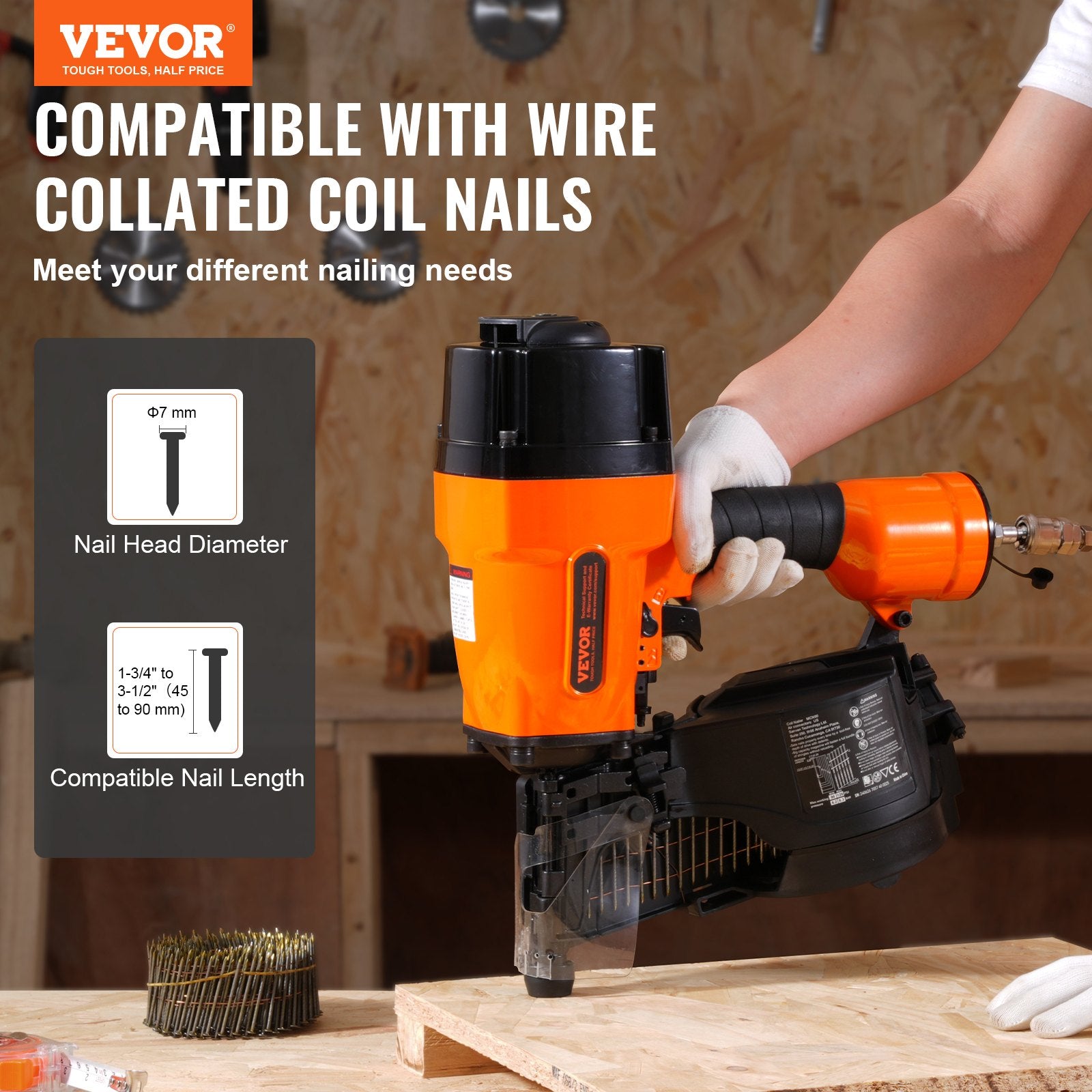 MCN90 Coil Framing Nailer 45mm to 90mm 15 Degree Pneumatic Nail Gun - Image 2