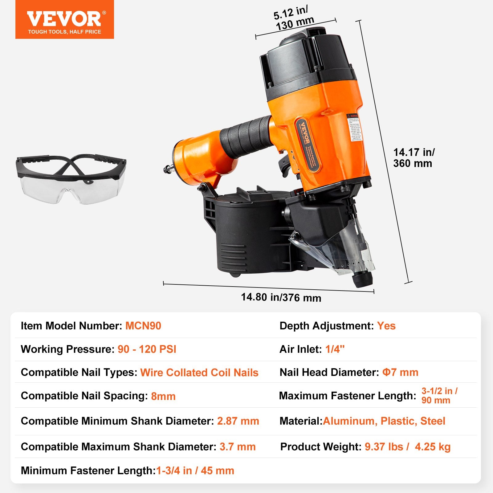 MCN90 Coil Framing Nailer 45mm to 90mm 15 Degree Pneumatic Nail Gun - Image 7