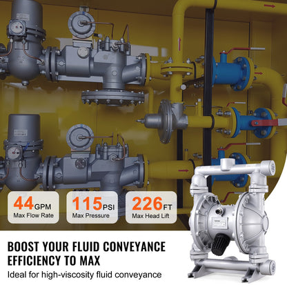 Air Operated Double Diaphragm Pump, 44GPM, Max 115PSI Air Waste Oil Pneumatic Transfer Pump with 2 Extra Diaphragms, 3.8cm Inlet & Outlet Aluminum Alloy Diaphragm Pump for Diesel Grease Oil - Image 3
