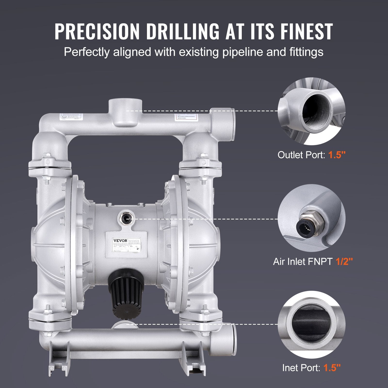 Air Operated Double Diaphragm Pump, 44GPM, Max 115PSI Air Waste Oil Pneumatic Transfer Pump with 2 Extra Diaphragms, 3.8cm Inlet & Outlet Aluminum Alloy Diaphragm Pump for Diesel Grease Oil - Image 4