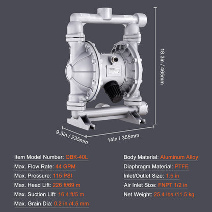Air Operated Double Diaphragm Pump, 44GPM, Max 115PSI Air Waste Oil Pneumatic Transfer Pump with 2 Extra Diaphragms, 3.8cm Inlet & Outlet Aluminum Alloy Diaphragm Pump for Diesel Grease Oil - Image 7