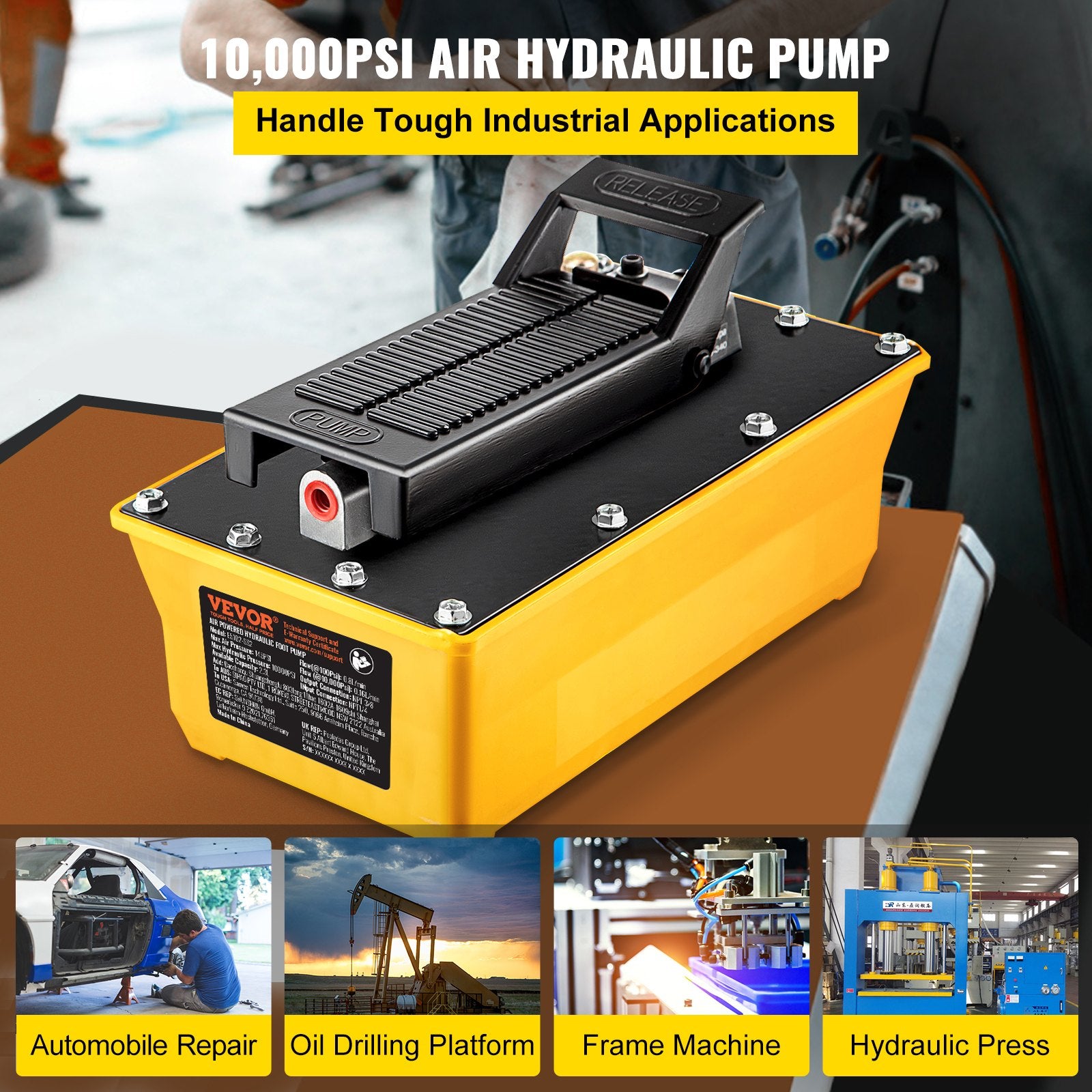 Air Hydraulic Pump, 10,000 PSI Hydraulic Foot Pump, 0.6 Gal Reservoir Foot Operated Air/Hydraulic Pump, with Hose and Spray Gun for Heavy Machinery Rigging, Auto Repair, Auto Body Frame Machines - Image 2