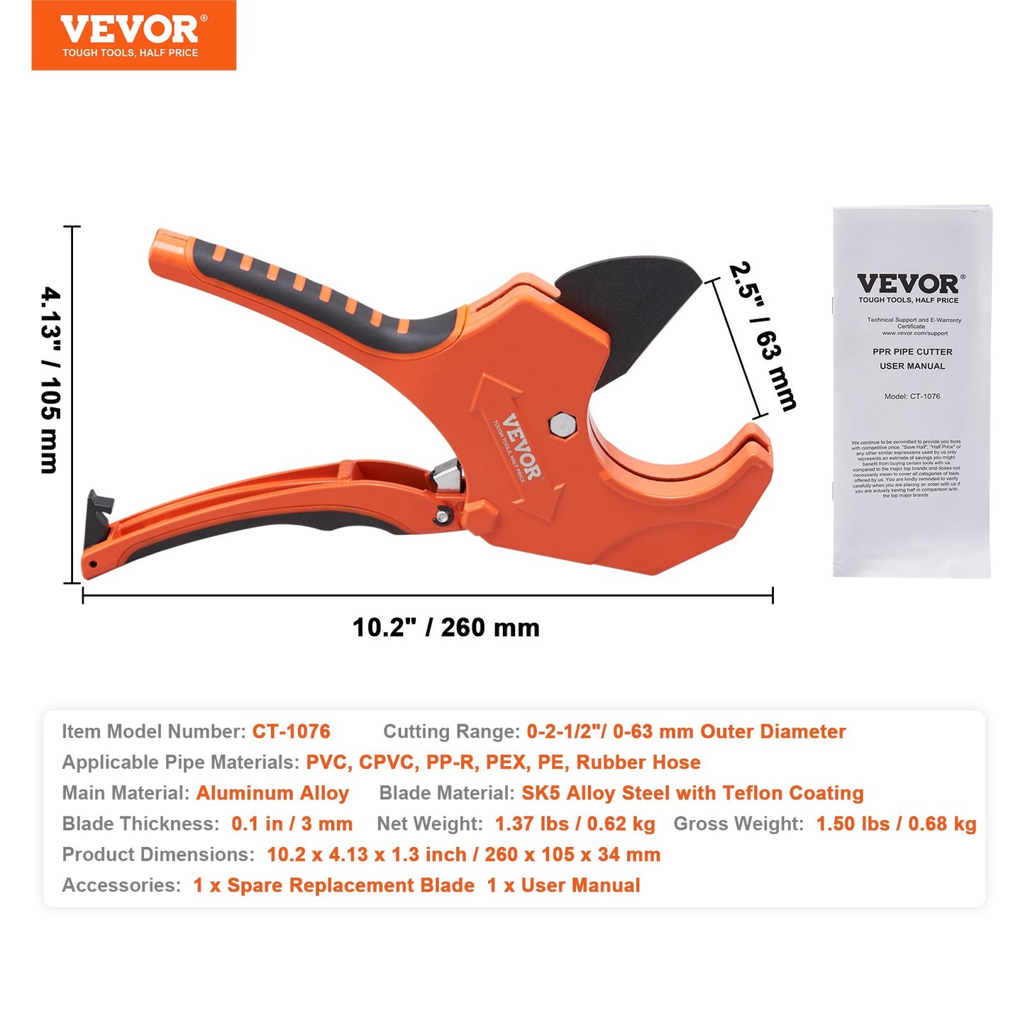 PVC Pipe Cutter, 0-2-1/2" O.D. Ratcheting PVC Pipe Cutter, Heavy Duty Tube Cutting Tool with Spare SK5 Blade for PVC, CPVC, PP-R, PEX, PE, Rubber Hoses - Image 7