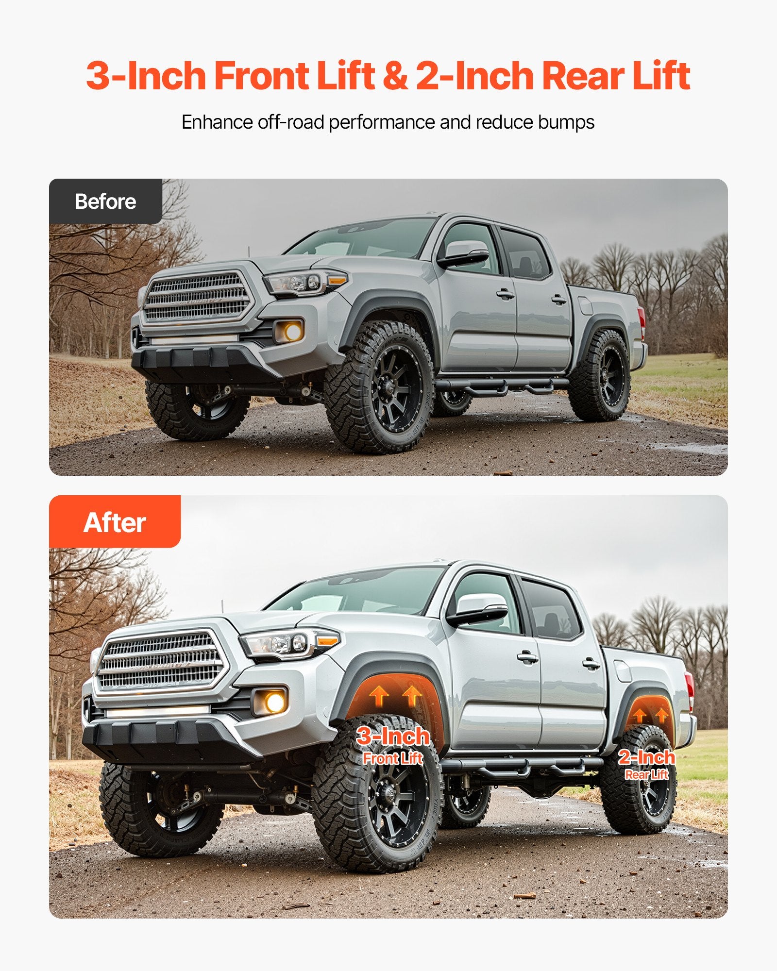 76.2 mm Front and 50.8 mm Rear Leveling Lift Kit for 2007-2023 Silverado 1500 2WD/4WD, 2007-2023 Sierra 1500 2WD/4WD, Chassis Level Kit with 2 Front Strut Spacers, 2 Rear Lift Blocks, 2 U-Bolts - Image 2