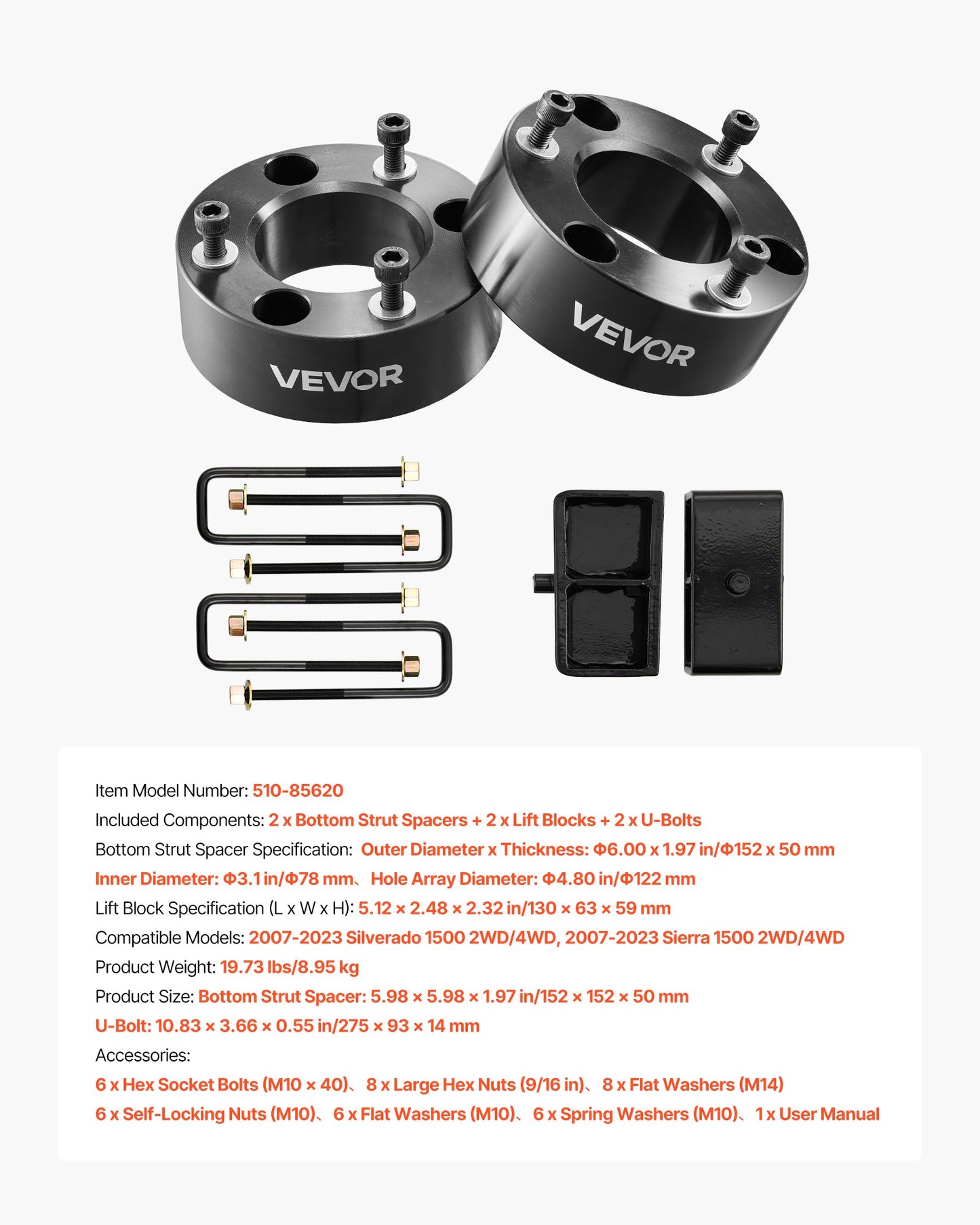 76.2 mm Front and 50.8 mm Rear Leveling Lift Kit for 2007-2023 Silverado 1500 2WD/4WD, 2007-2023 Sierra 1500 2WD/4WD, Chassis Level Kit with 2 Front Strut Spacers, 2 Rear Lift Blocks, 2 U-Bolts - Image 7