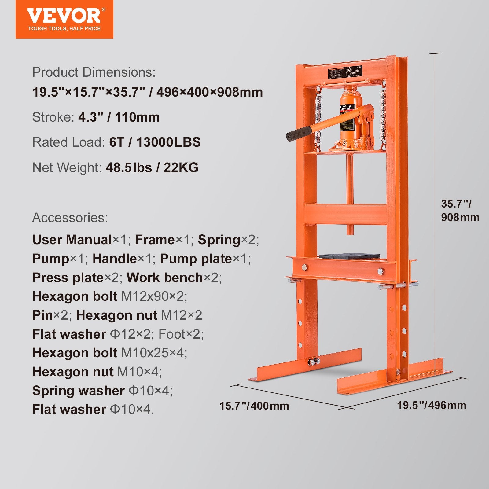 Hydraulic Shop Press 6 Ton with Press Plates H-Frame Benchtop Press Stand - Image 7