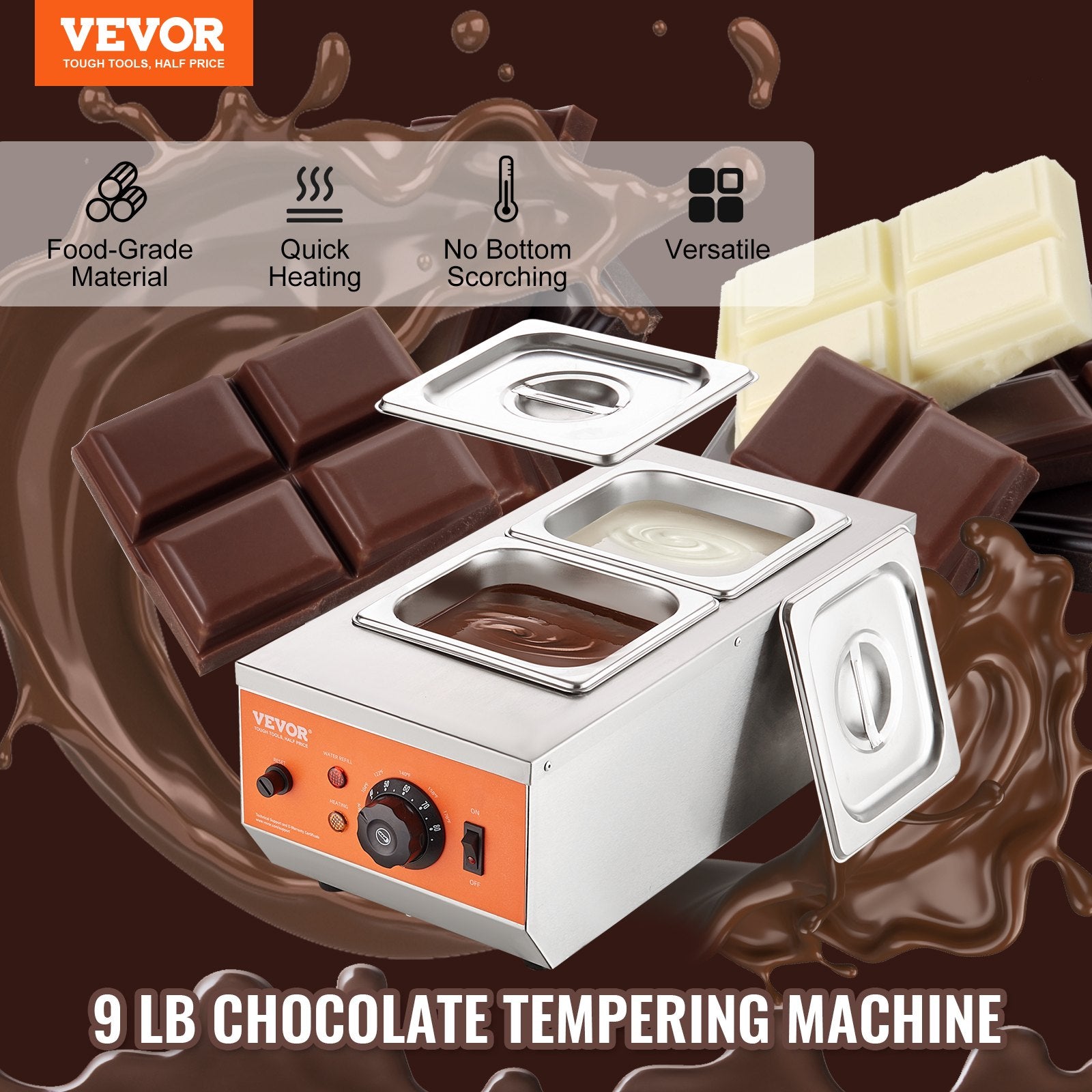 Chocolate Tempering Machine, 2 Tanks Chocolate Melting Pot with TEMP Control, 800W Stainless Steel Electric Commercial Food Warmer For Chocolate/Milk/Cream Melting and Heating - Image 2