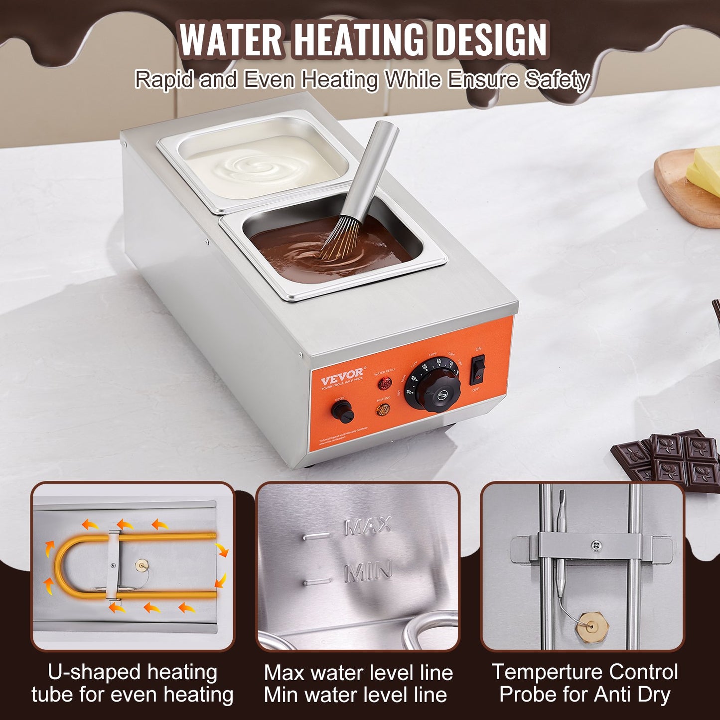 Chocolate Tempering Machine, 2 Tanks Chocolate Melting Pot with TEMP Control, 800W Stainless Steel Electric Commercial Food Warmer For Chocolate/Milk/Cream Melting and Heating - Image 4