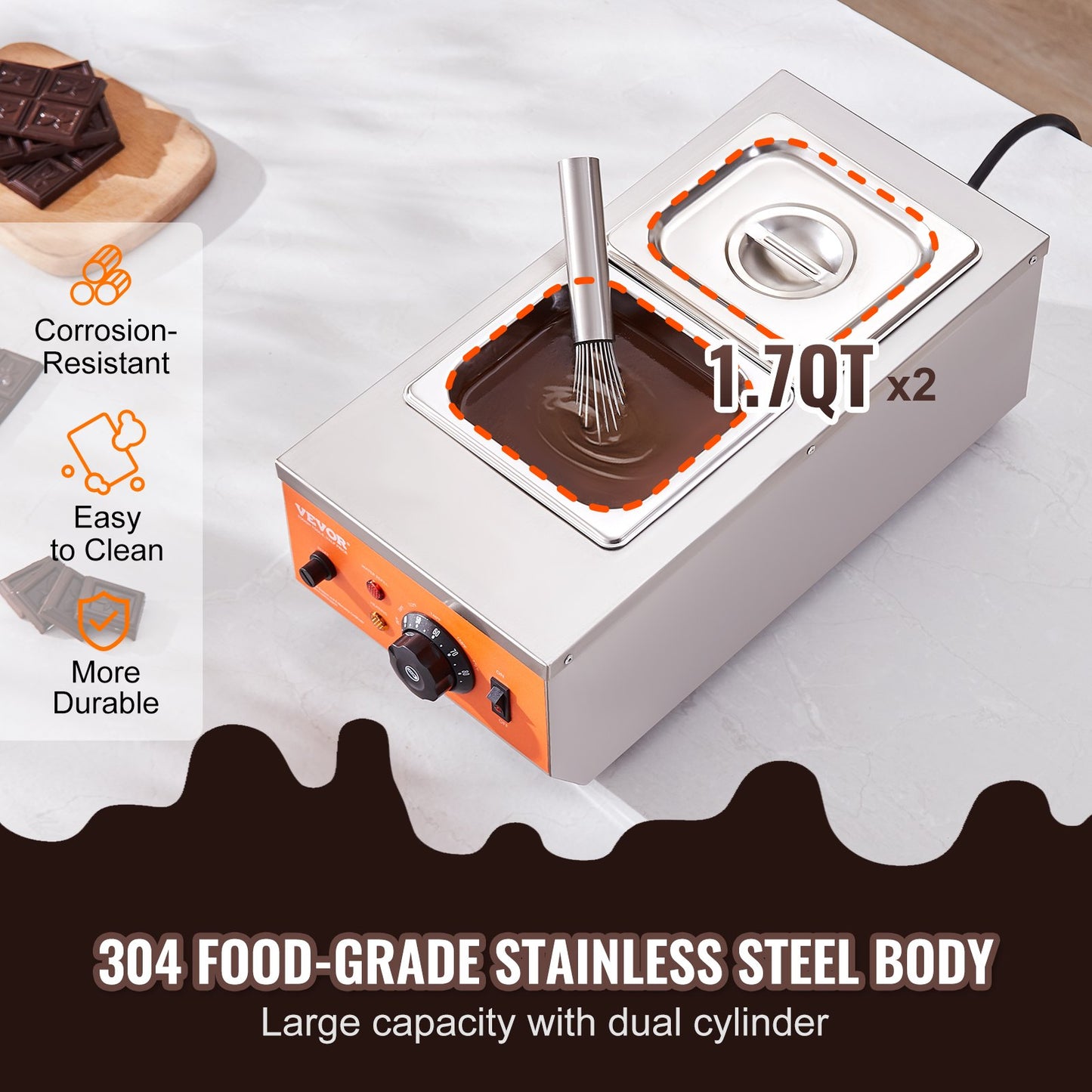 Chocolate Tempering Machine, 2 Tanks Chocolate Melting Pot with TEMP Control, 800W Stainless Steel Electric Commercial Food Warmer For Chocolate/Milk/Cream Melting and Heating - Image 5