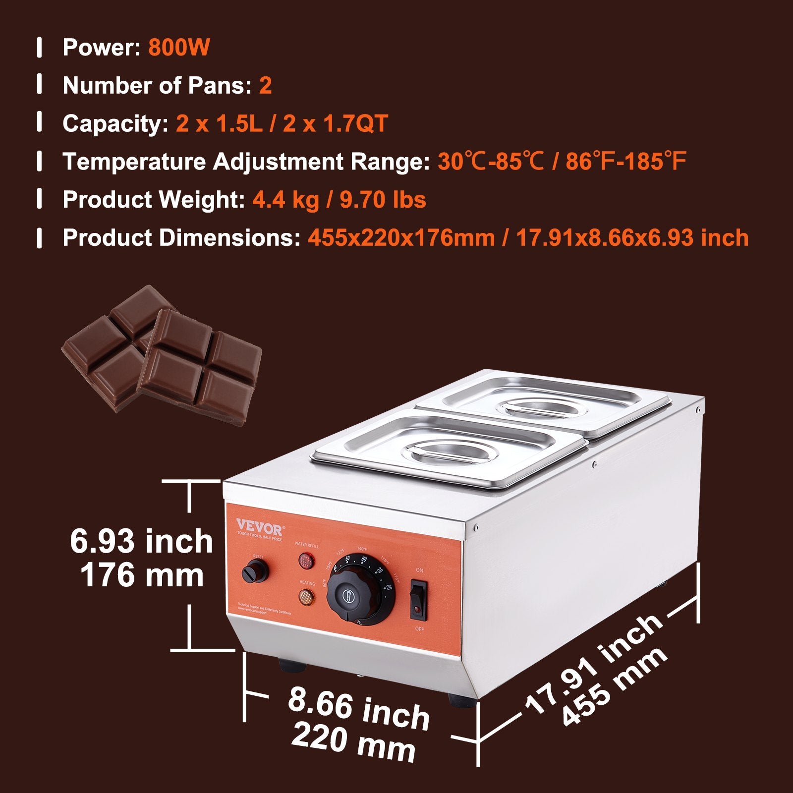 Chocolate Tempering Machine, 2 Tanks Chocolate Melting Pot with TEMP Control, 800W Stainless Steel Electric Commercial Food Warmer For Chocolate/Milk/Cream Melting and Heating - Image 7
