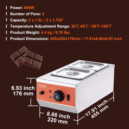 Chocolate Tempering Machine, 2 Tanks Chocolate Melting Pot with TEMP Control, 800W Stainless Steel Electric Commercial Food Warmer For Chocolate/Milk/Cream Melting and Heating - Image 7