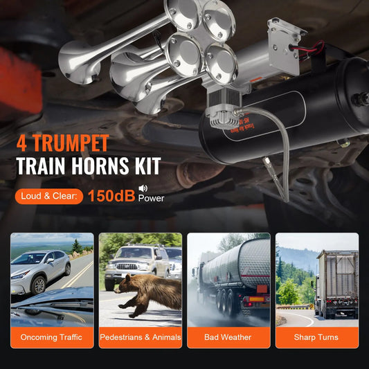 Train Horns Kit, 4 Trumpet Air Horn Kit, 150dB Train Horns for Pickup Trucks, 12V 160 psi Air Compressor 2.6 Gal/10 L Tank with Gauge for Any 12V Vehicle Car Truck Train Van Boat - Image 2