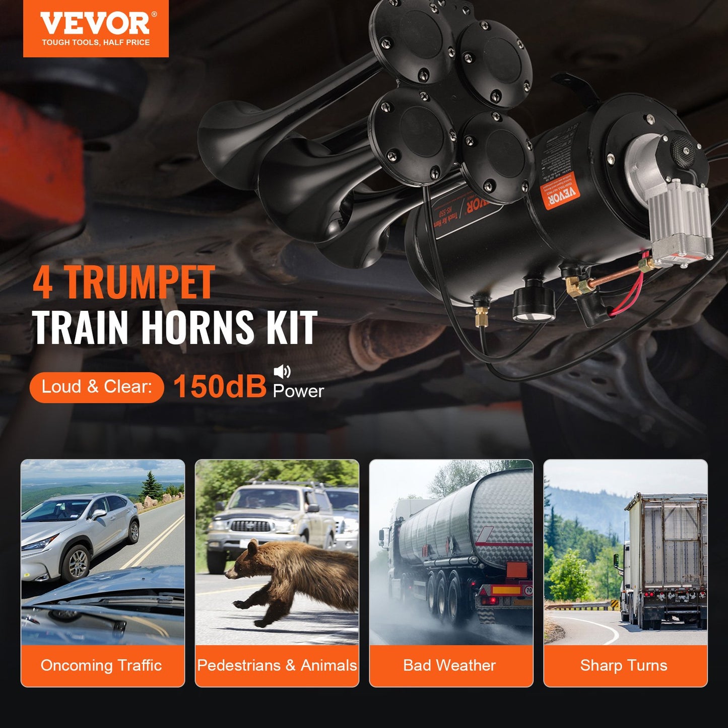 Train Horns Kit, 4 Trumpet Air Horn Kit, 150dB Train Horns for Pickup Trucks, 12V 120 psi Air Compressor 0.8 Gal/3 L Tank with Gauge for Any 12V Vehicle Car Truck Train Van Boat - Image 2