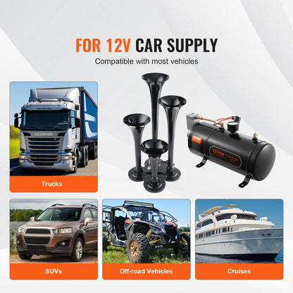 Train Horns Kit, 4 Trumpet Air Horn Kit, 150dB Train Horns for Pickup Trucks, 12V 120 psi Air Compressor 0.8 Gal/3 L Tank with Gauge for Any 12V Vehicle Car Truck Train Van Boat - Image 6