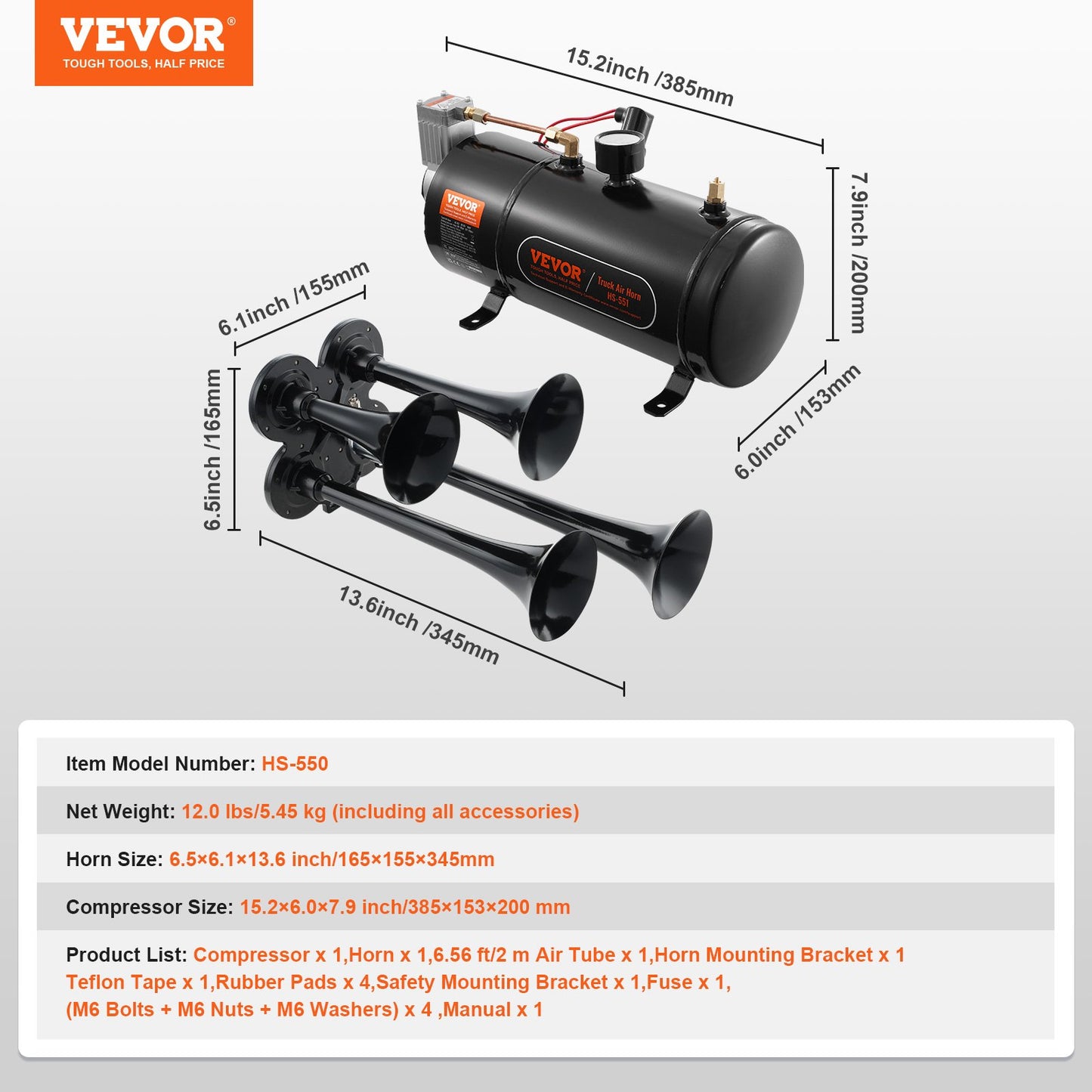 Train Horns Kit, 4 Trumpet Air Horn Kit, 150dB Train Horns for Pickup Trucks, 12V 120 psi Air Compressor 0.8 Gal/3 L Tank with Gauge for Any 12V Vehicle Car Truck Train Van Boat - Image 7