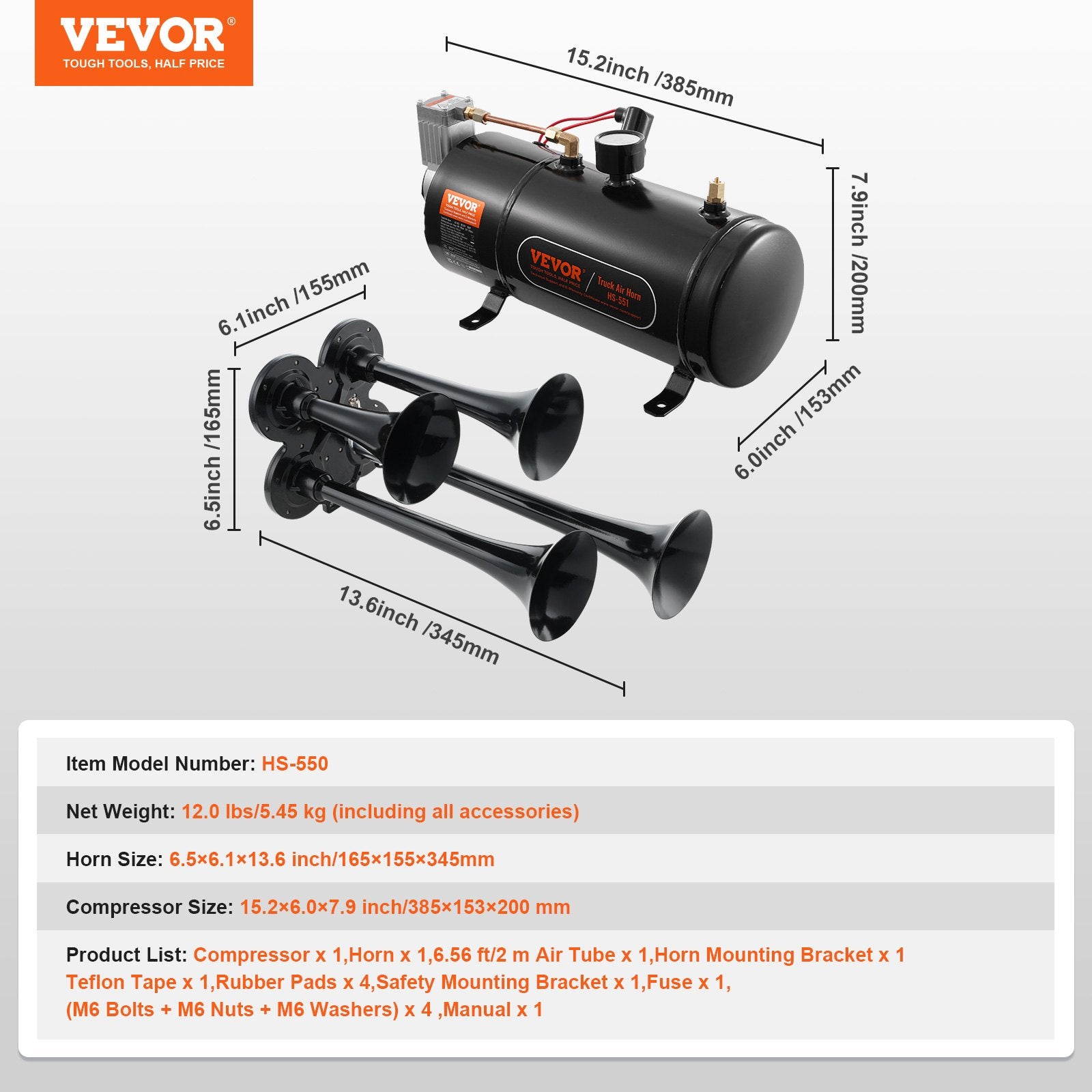 Train Horns Kit, 4 Trumpet Air Horn Kit, 150dB Train Horns for Pickup Trucks, 12V 120 psi Air Compressor 0.8 Gal/3 L Tank with Gauge for Any 12V Vehicle Car Truck Train Van Boat - Image 7