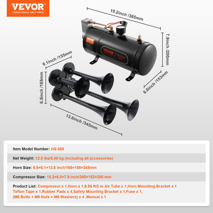 Train Horns Kit, 4 Trumpet Air Horn Kit, 150dB Train Horns for Pickup Trucks, 12V 120 psi Air Compressor 0.8 Gal/3 L Tank with Gauge for Any 12V Vehicle Car Truck Train Van Boat - Image 7