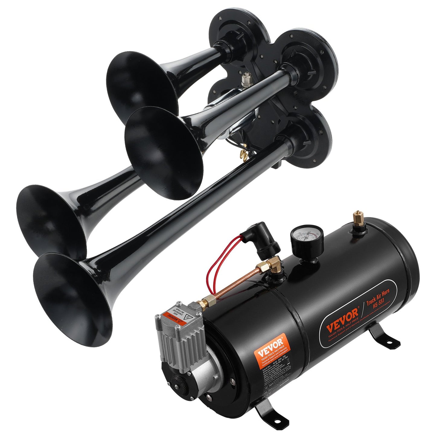 Train Horns Kit, 4 Trumpet Air Horn Kit, 150dB Train Horns for Pickup Trucks, 12V 120 psi Air Compressor 0.8 Gal/3 L Tank with Gauge for Any 12V Vehicle Car Truck Train Van Boat - Image 9