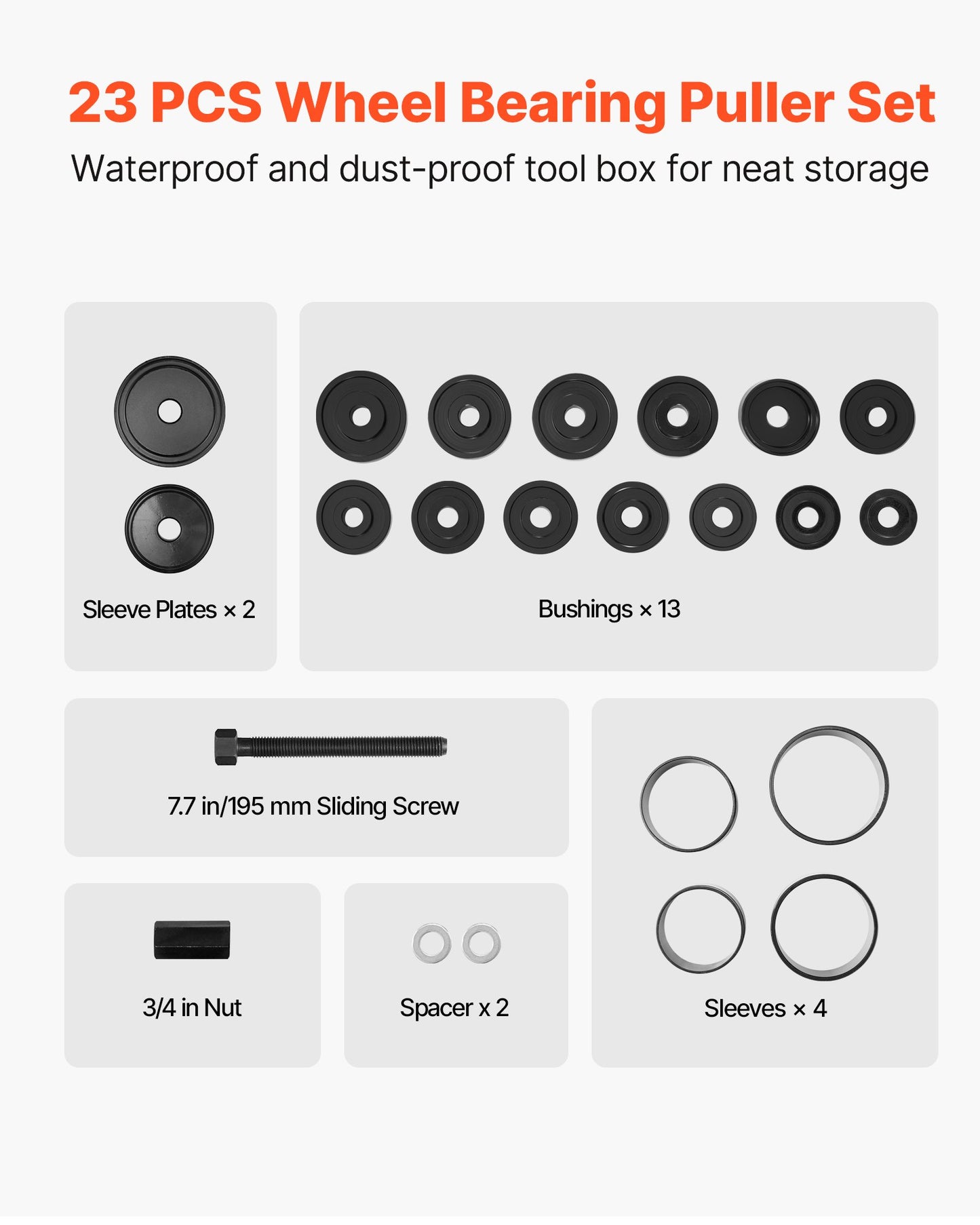 Wheel Bearing Press Kit, 23 PCS FWD Bearing Puller Tools, for Front Wheel Drive Bearing Removal and Installation, Wheel Bearing Tool with Sliding Screw, Bushings, Sleeve Plates, Storage Case - Image 7