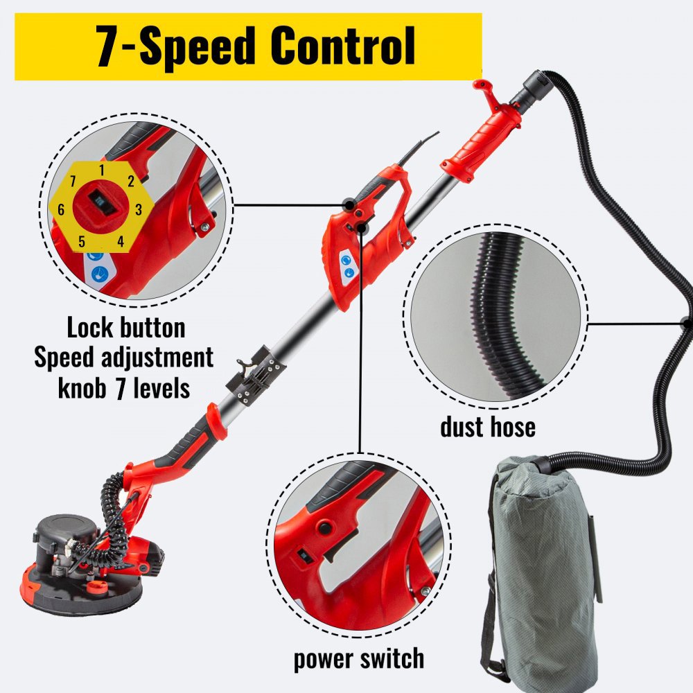 Drywall Sander 750W Electric, Electric Sander Variable Speed 800-1750RPM, Drywall Sander Foldable Sheetrock Sander, with Telescope Handle ,Vacuum Bag Drywall Sanders 6 Sand Pads - Image 2