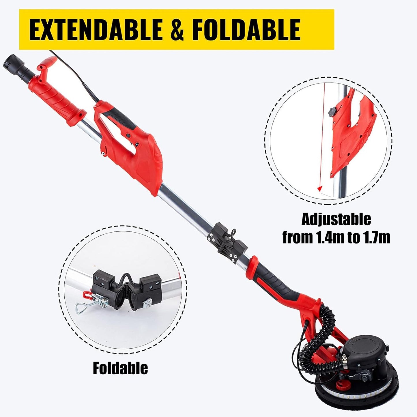 Drywall Sander 750W, Electric Drywall Sander, Foldable Sheetrock Sander, with Telescope Handle, Electric Sander, Variable Speed 800-1750 RPM, Wall Sander, with LED Strip Light and Vacuum Bag - Image 4