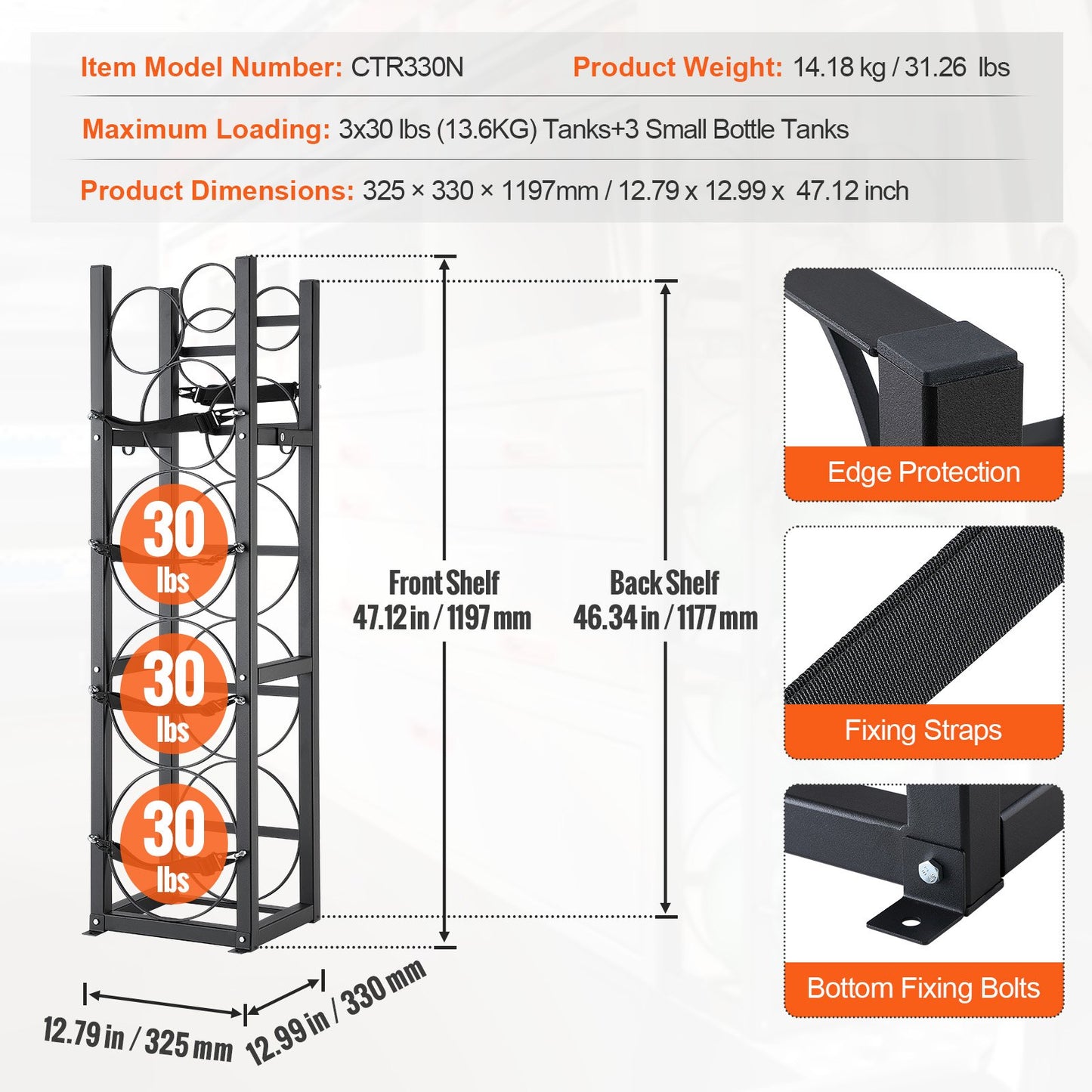 Refrigerant Tank Rack, with 3 x 30lbs and Other 3 Small Bottle Tanks, Cylinder Tank Rack 12.79x12.99x47.12 in, Refrigerant Cylinder Rack and Holders for Freon, Gases, Oxygen, Nitrogen - Image 7