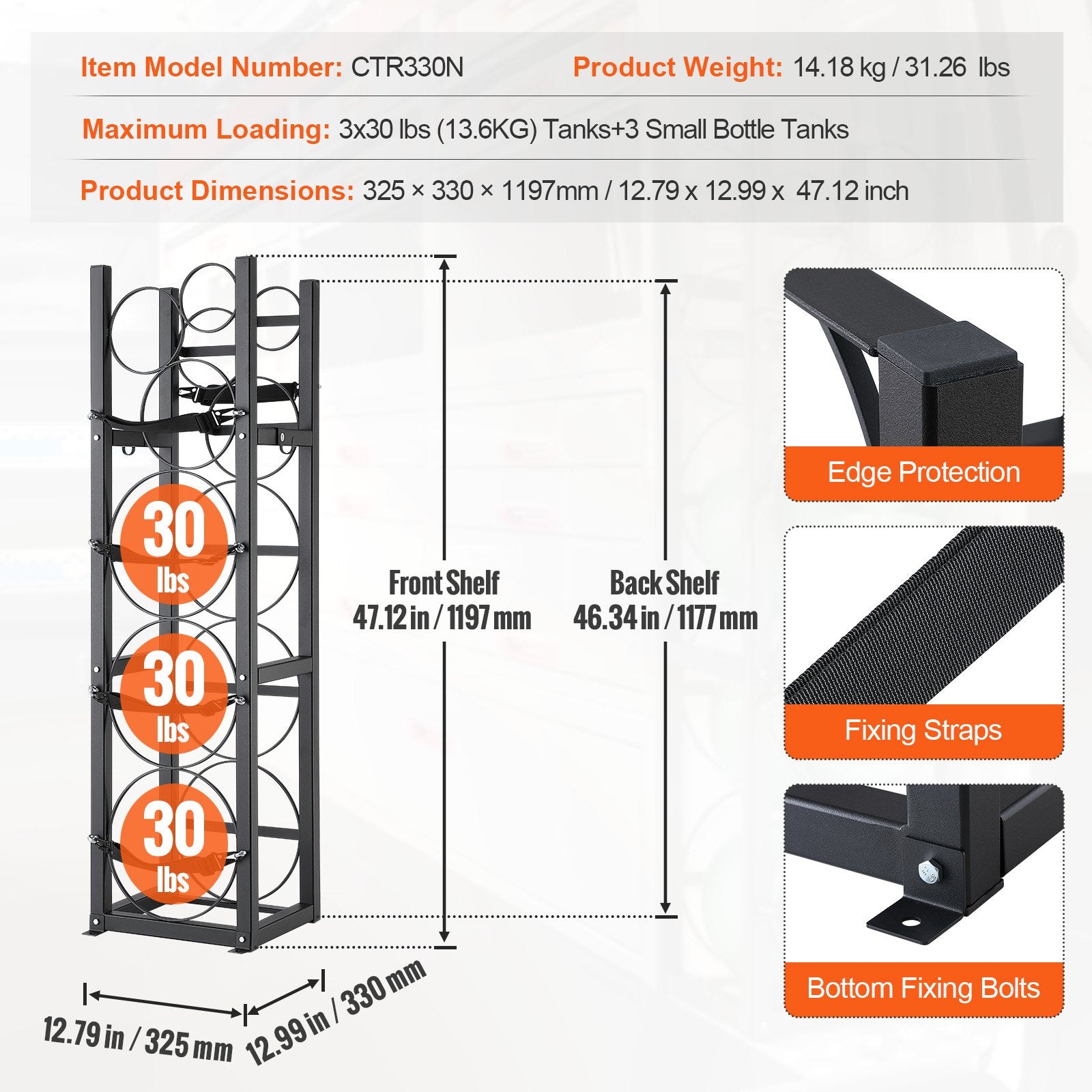 Refrigerant Tank Rack, with 3 x 30lbs and Other 3 Small Bottle Tanks, Cylinder Tank Rack 12.79x12.99x47.12 in, Refrigerant Cylinder Rack and Holders for Freon, Gases, Oxygen, Nitrogen - Image 7