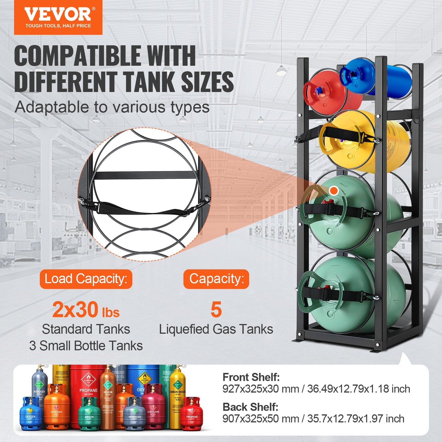 Refrigerant Tank Rack, with 2 x 30lbs and Other 3 Small Bottle Tanks, Cylinder Tank Rack 12.79x12.99x47.12 in, Refrigerant Cylinder Rack and Holders for Freon, Gases, Oxygen, Nitrogen - Image 2