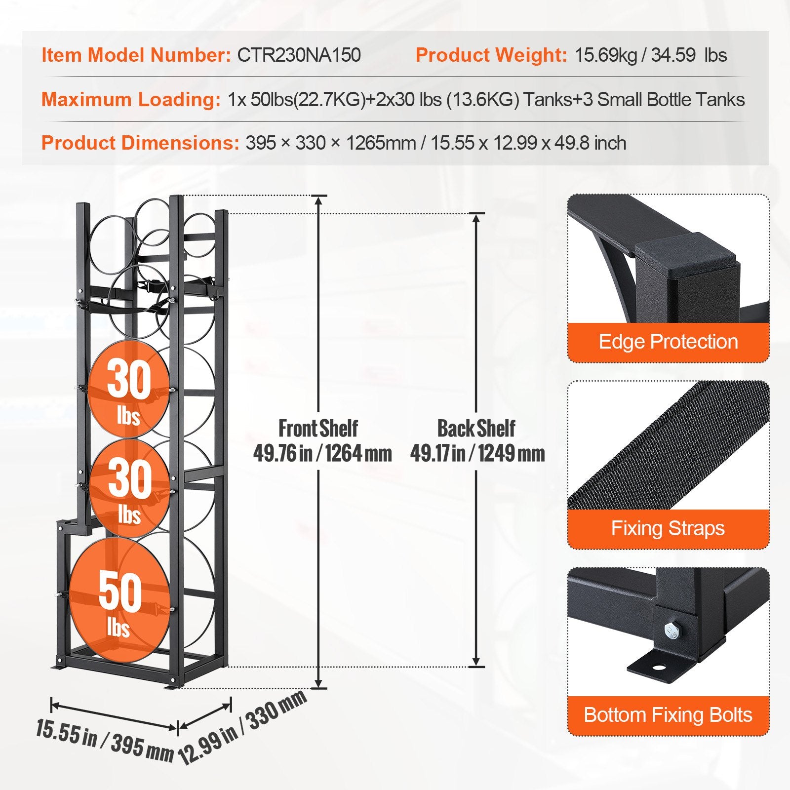 Refrigerant Tank Rack, with 1 x 50lb, 2 x 30lb and Other 3 Small Bottle Tanks, Cylinder Tank Rack 15.55x12.99x49.8 in, Refrigerant Cylinder Rack and Holders for Freon, Gases, Oxygen, Nitrogen - Image 7