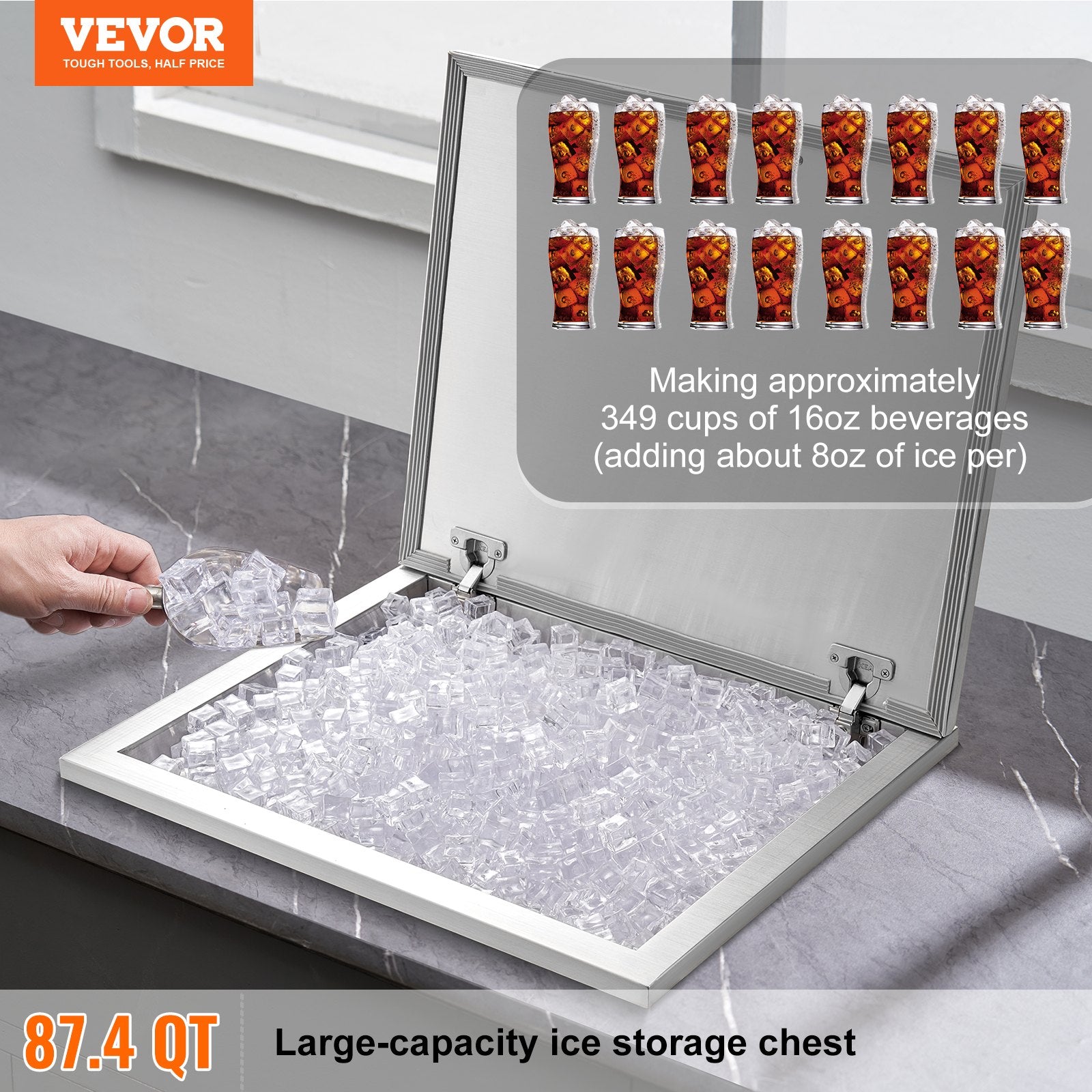 Drop in Ice Chest, 28"L x 16"W x 17"H Stainless Steel Ice Cooler, Commercial Ice Bin with Hinged Cover, 40 qt Outdoor Kitchen Ice Bar, Drain-pipe and Drain Plug Included, for Cold Wine Beer - Image 2