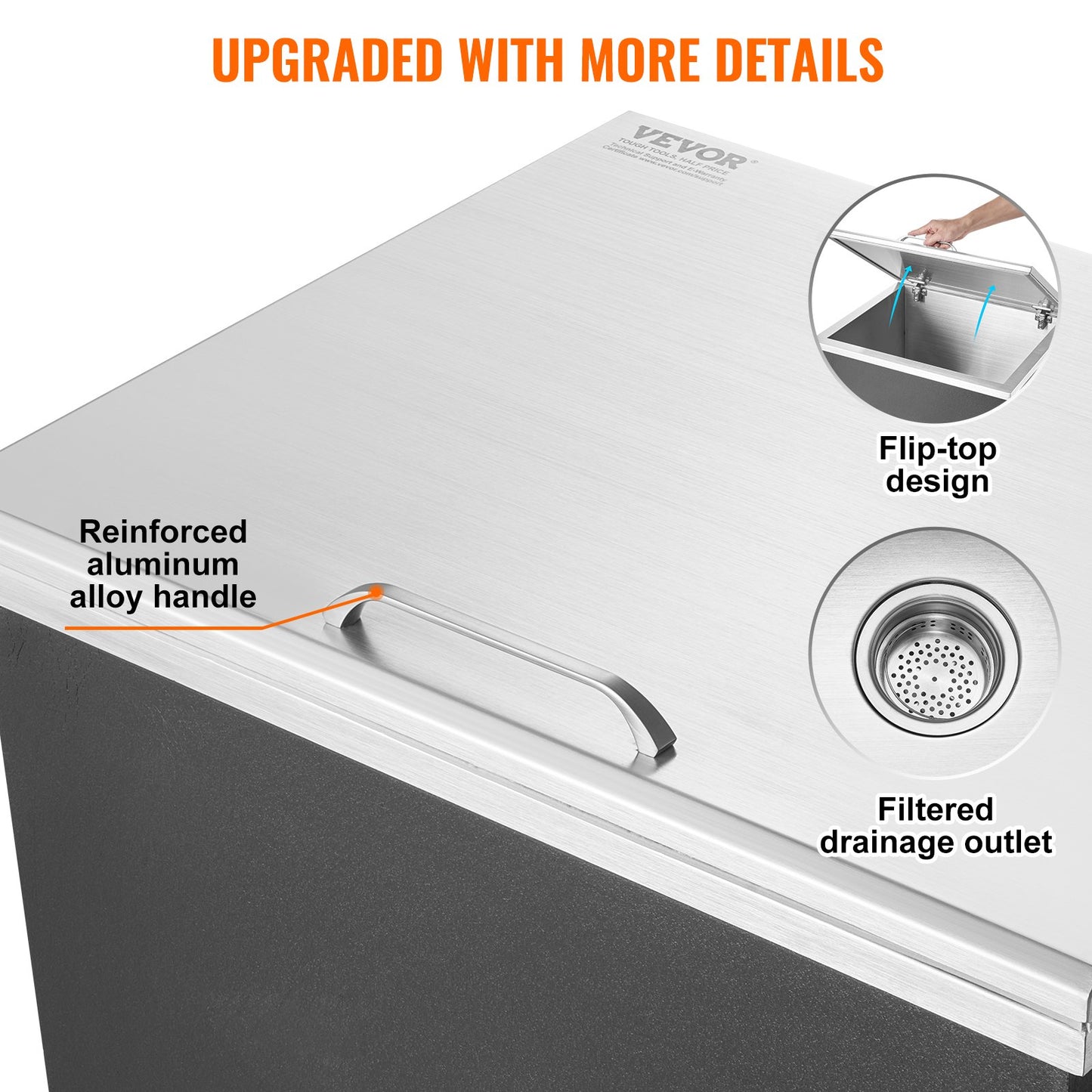 Drop in Ice Chest, 28"L x 16"W x 17"H Stainless Steel Ice Cooler, Commercial Ice Bin with Hinged Cover, 40 qt Outdoor Kitchen Ice Bar, Drain-pipe and Drain Plug Included, for Cold Wine Beer - Image 5