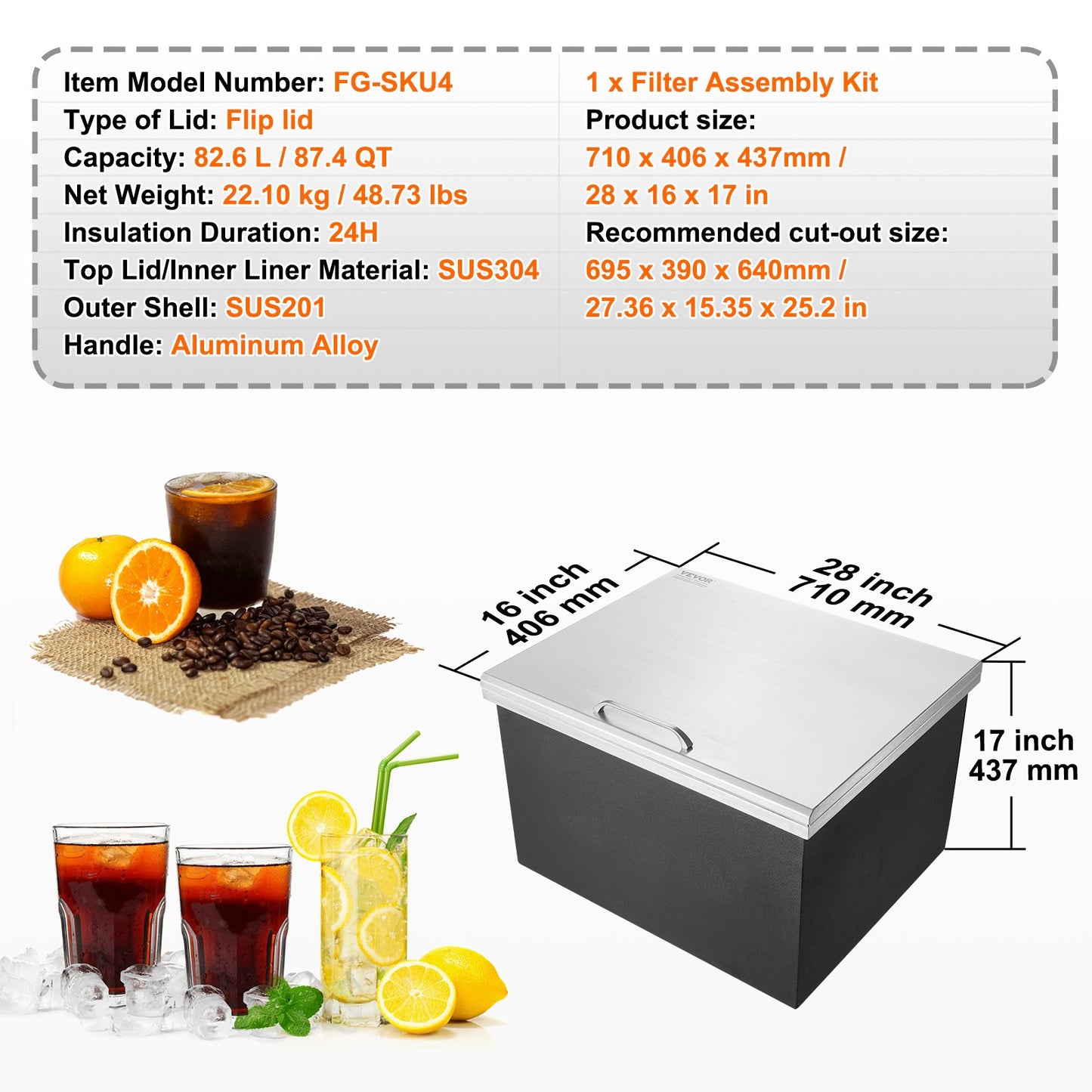Drop in Ice Chest, 28"L x 16"W x 17"H Stainless Steel Ice Cooler, Commercial Ice Bin with Hinged Cover, 40 qt Outdoor Kitchen Ice Bar, Drain-pipe and Drain Plug Included, for Cold Wine Beer - Image 7