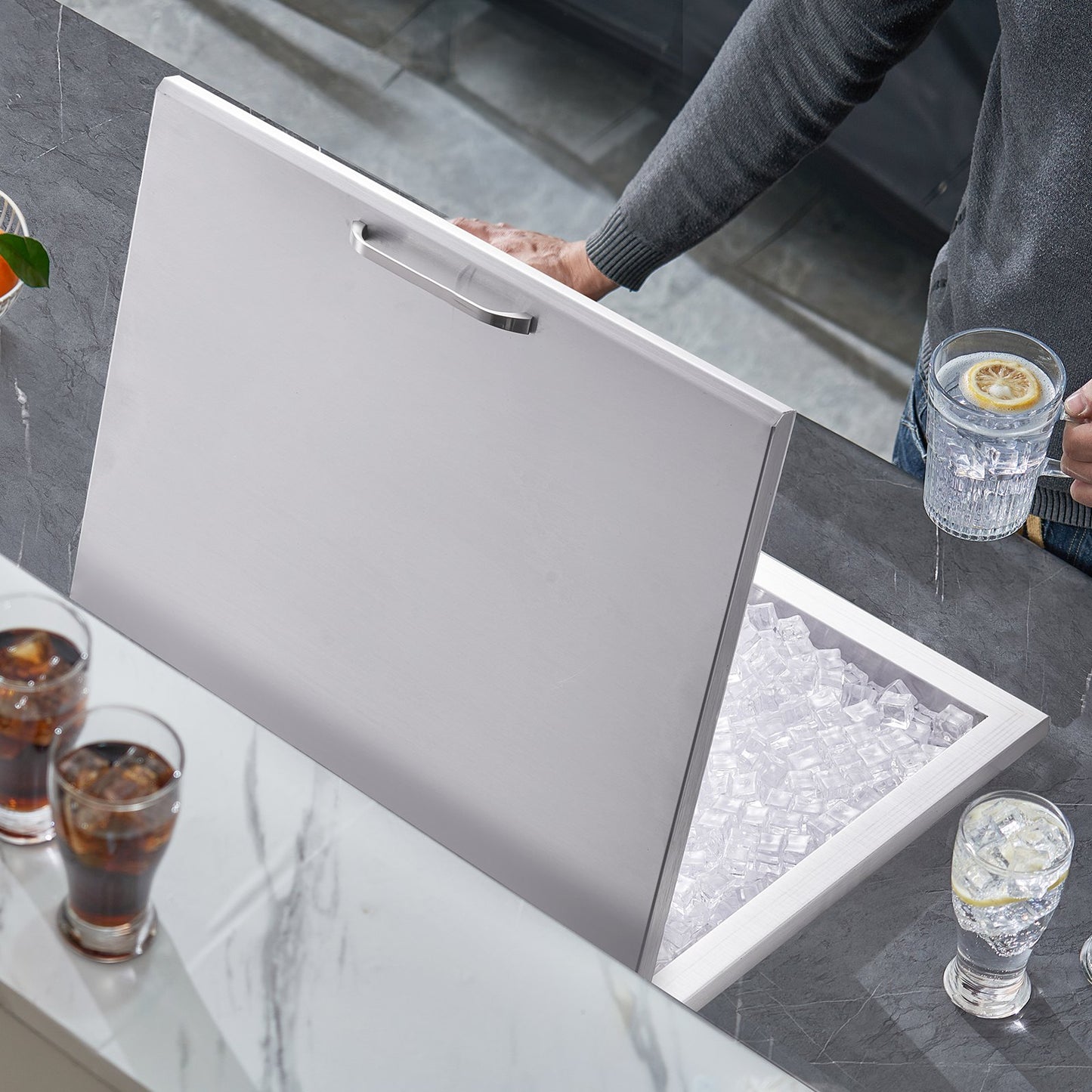 Drop in Ice Chest, 28"L x 16"W x 17"H Stainless Steel Ice Cooler, Commercial Ice Bin with Hinged Cover, 40 qt Outdoor Kitchen Ice Bar, Drain-pipe and Drain Plug Included, for Cold Wine Beer - Image 8