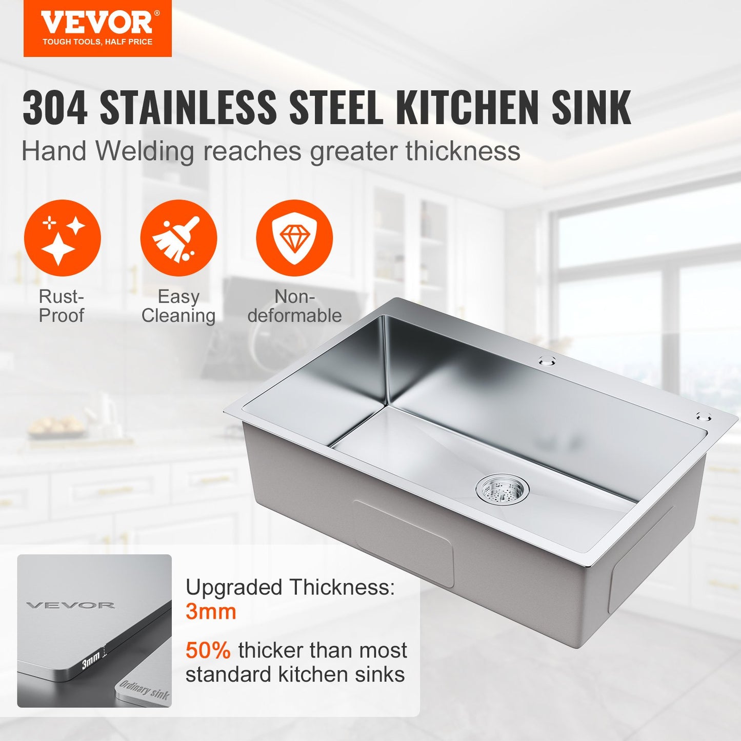 Kitchen Sink, 304 Stainless Steel Drop-In Sinks, Top Mount Single Bowl Basin with Accessories(Pack of 3), Household Dishwasher Sinks for Workstation, RV, Prep Kitchen, and Bar Sink, 33 inch - Image 2