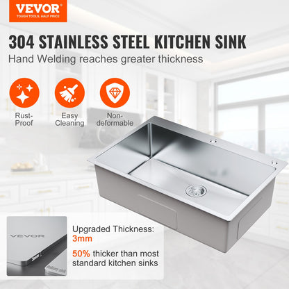 Kitchen Sink, 304 Stainless Steel Drop-In Sinks, Top Mount Single Bowl Basin with Accessories(Pack of 3), Household Dishwasher Sinks for Workstation, RV, Prep Kitchen, and Bar Sink, 33 inch - Image 2