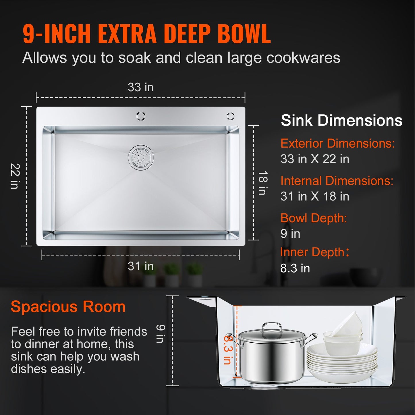 Kitchen Sink, 304 Stainless Steel Drop-In Sinks, Top Mount Single Bowl Basin with Accessories(Pack of 3), Household Dishwasher Sinks for Workstation, RV, Prep Kitchen, and Bar Sink, 33 inch - Image 3