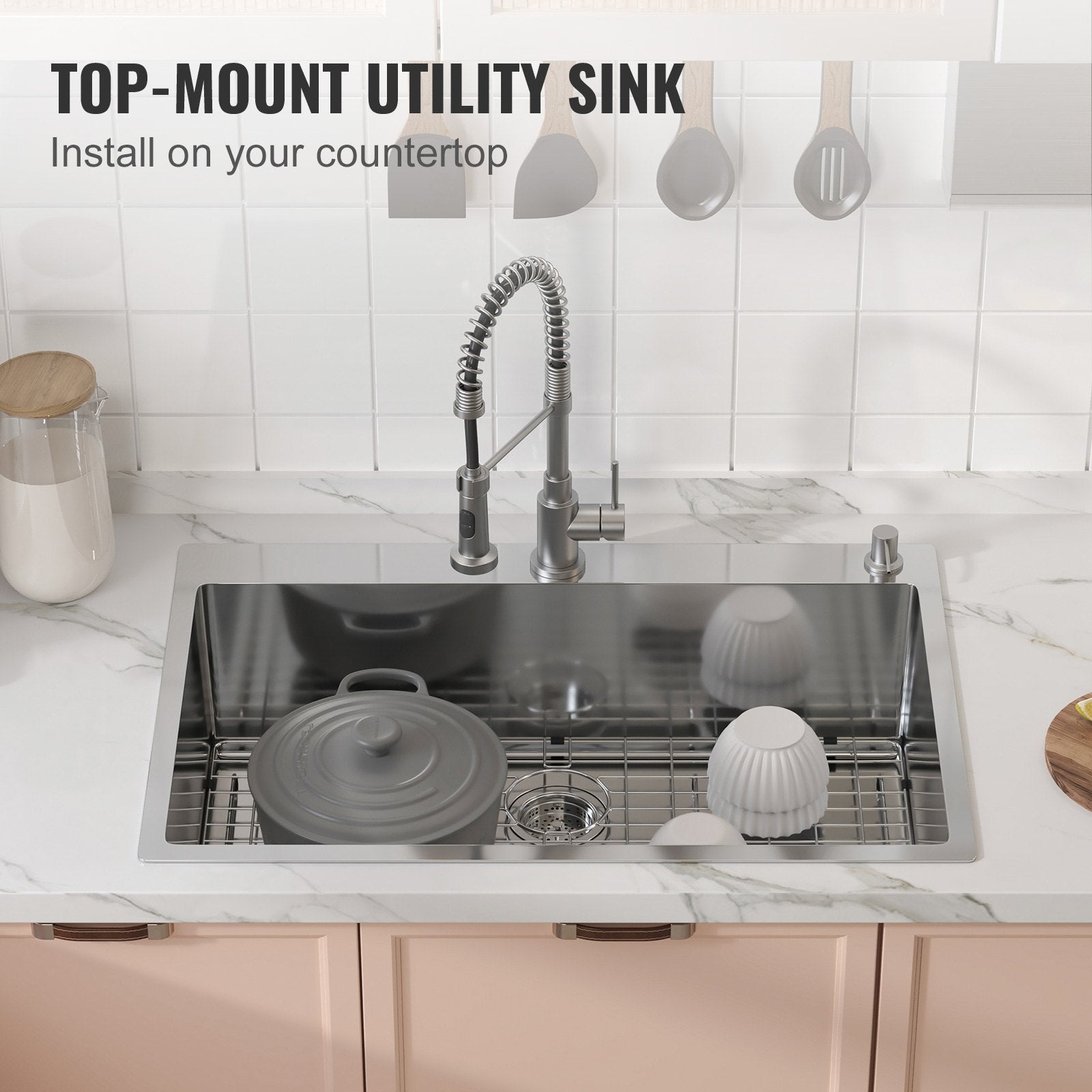 Kitchen Sink, 304 Stainless Steel Drop-In Sinks, Top Mount Single Bowl Basin with Accessories(Pack of 3), Household Dishwasher Sinks for Workstation, RV, Prep Kitchen, and Bar Sink, 33 inch - Image 4