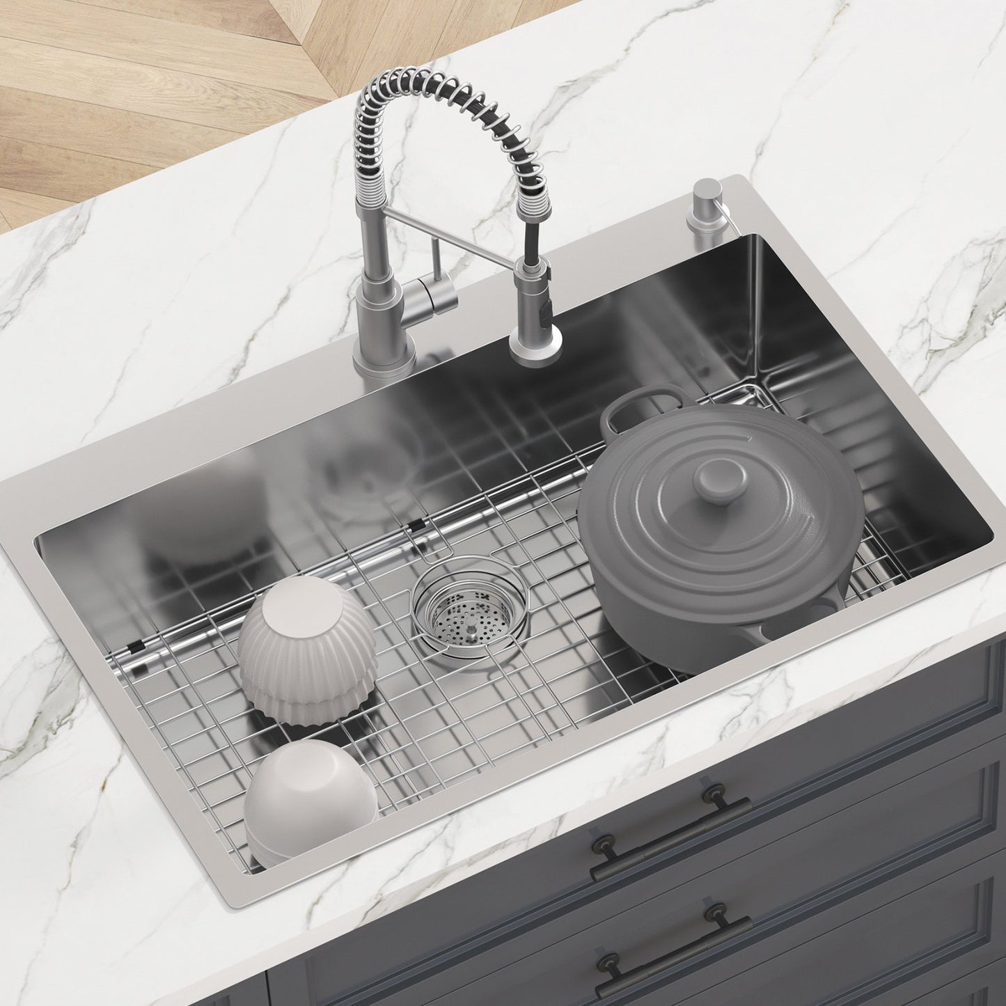 Kitchen Sink, 304 Stainless Steel Drop-In Sinks, Top Mount Single Bowl Basin with Accessories(Pack of 3), Household Dishwasher Sinks for Workstation, RV, Prep Kitchen, and Bar Sink, 33 inch - Image 7