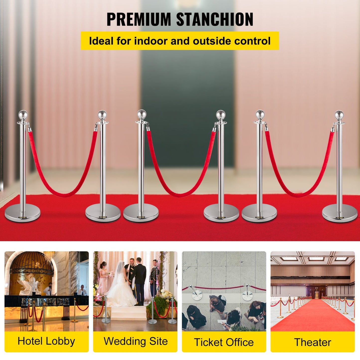 6PCS Red Rope Stanchion Silver Post Crowd Control Queue Line Barrier - Image 2