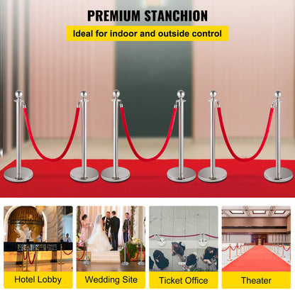 6PCS Red Rope Stanchion Silver Post Crowd Control Queue Line Barrier - Image 2