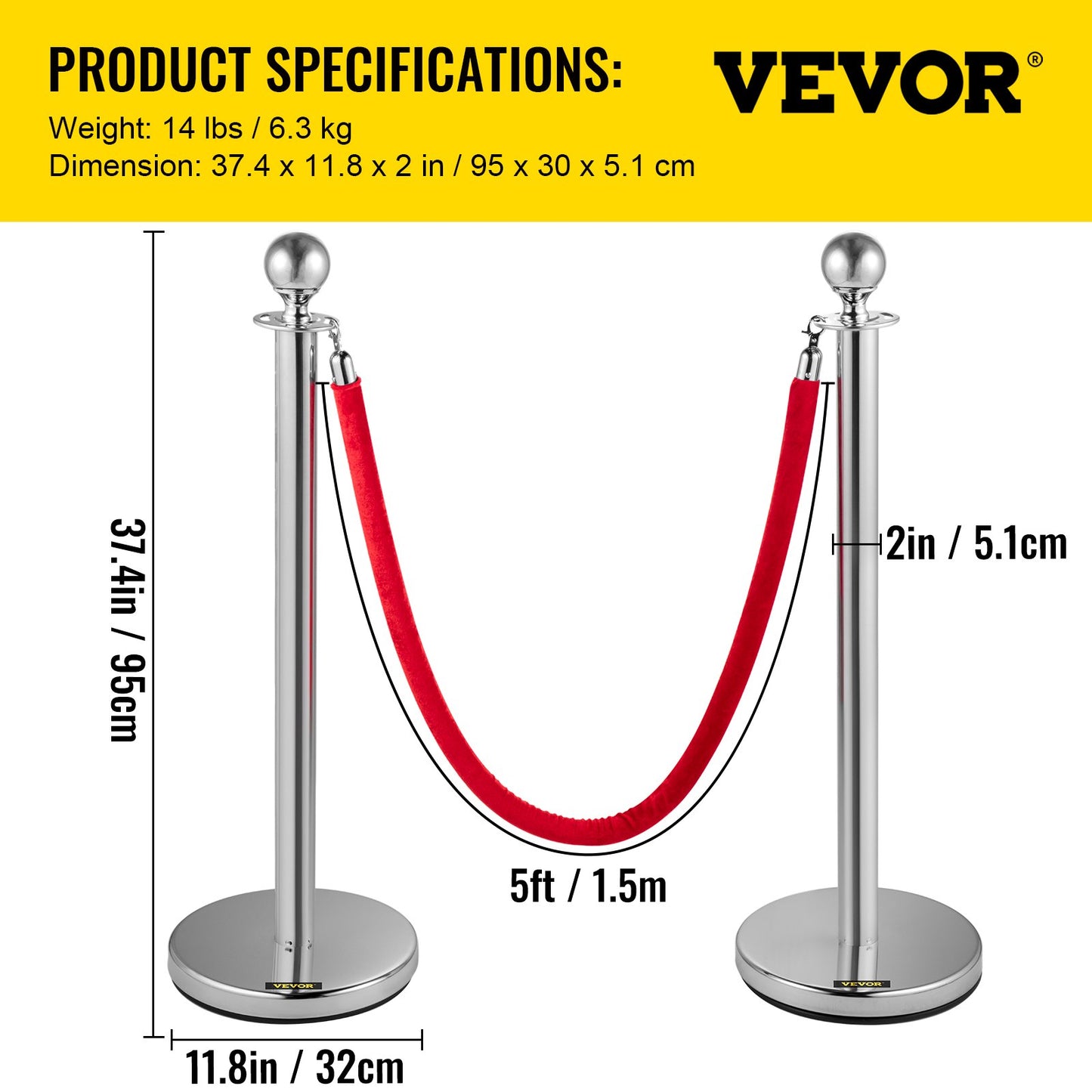 6PCS Red Rope Stanchion Silver Post Crowd Control Queue Line Barrier - Image 7