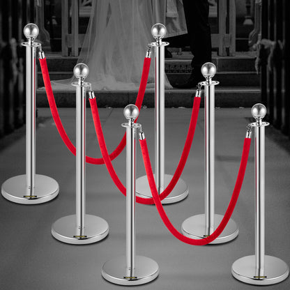 6PCS Red Rope Stanchion Silver Post Crowd Control Queue Line Barrier - Image 8