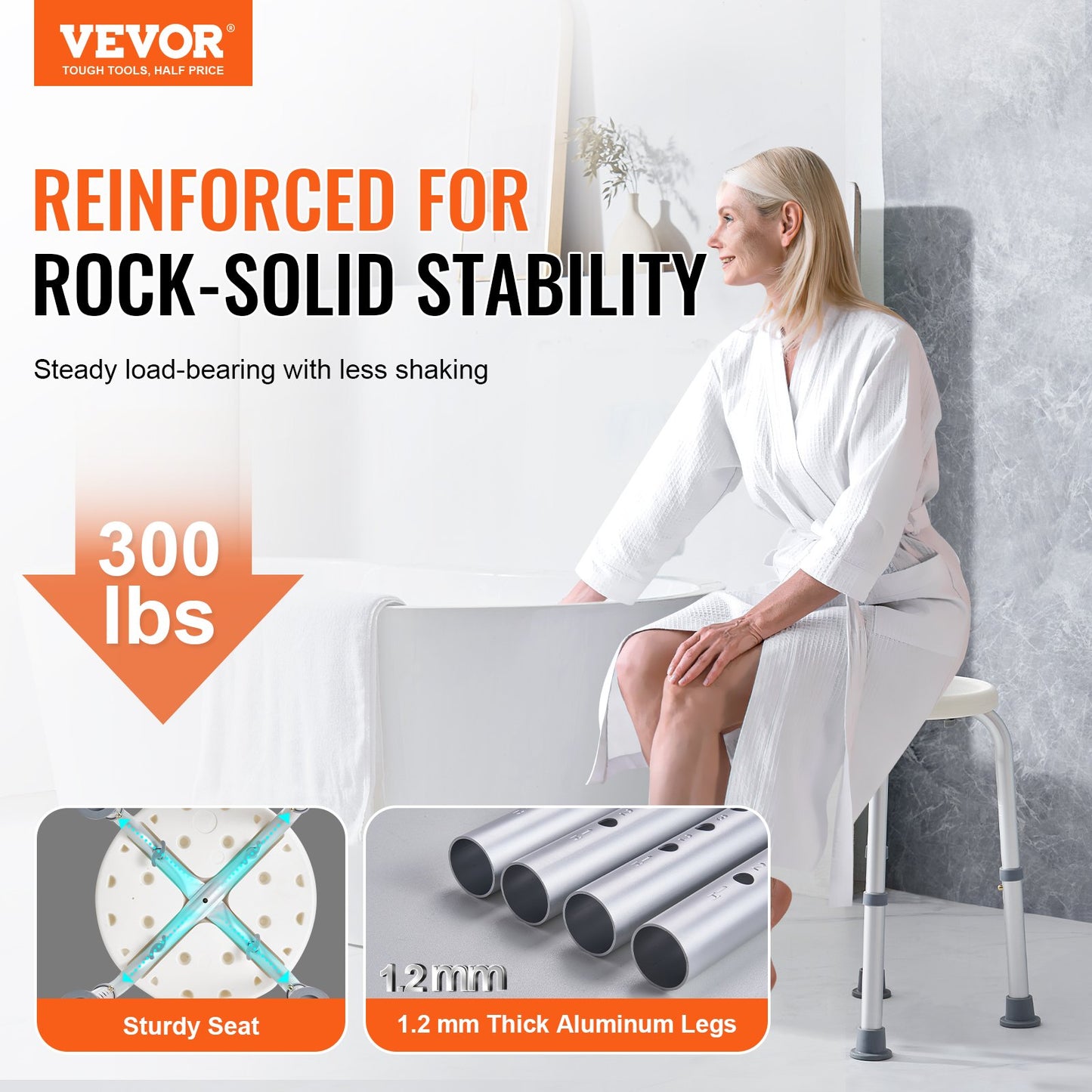 Shower Chair for Inside Shower, Adjustable Height Shower Stool, Non-Slip Bench Bathtub Seat Stool for Elderly Disabled Adults Handicap, 300 lbs Capacity - Image 2
