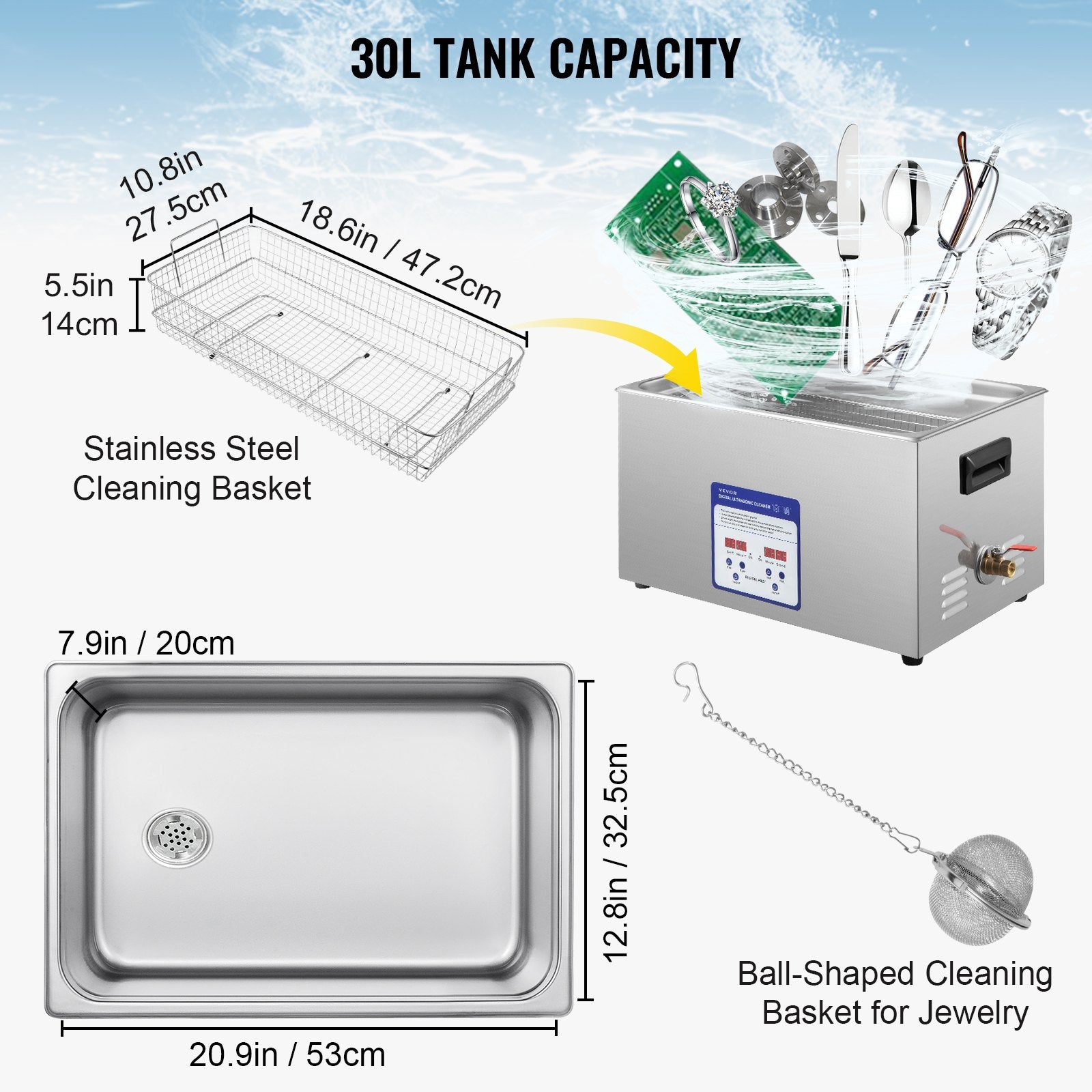 Digital Ultrasonic Cleaner 30L Ultrasonic Cleaning Machine 40kHz Sonic Cleaner Machine 316 & 304 Stainless Steel Ultrasonic Cleaner Machine with Heater & Timer for Cleaning Jewelry Glasses Watch - Image 5
