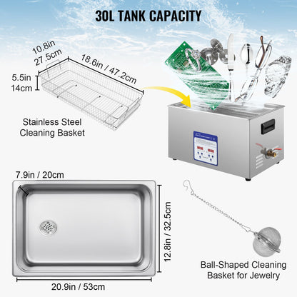 Digital Ultrasonic Cleaner 30L Ultrasonic Cleaning Machine 40kHz Sonic Cleaner Machine 316 & 304 Stainless Steel Ultrasonic Cleaner Machine with Heater & Timer for Cleaning Jewelry Glasses Watch - Image 5