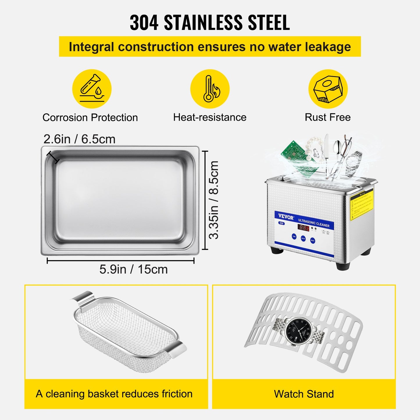 0.8L Professional Ultrasonic Cleaner 304 Stainless Steel Digital Lab Ultrasonic Cleaner with Timer for Jewelry Watch Glasses Circuit Board Dentures Small Parts Dental Instrument (0.8L) - Image 5